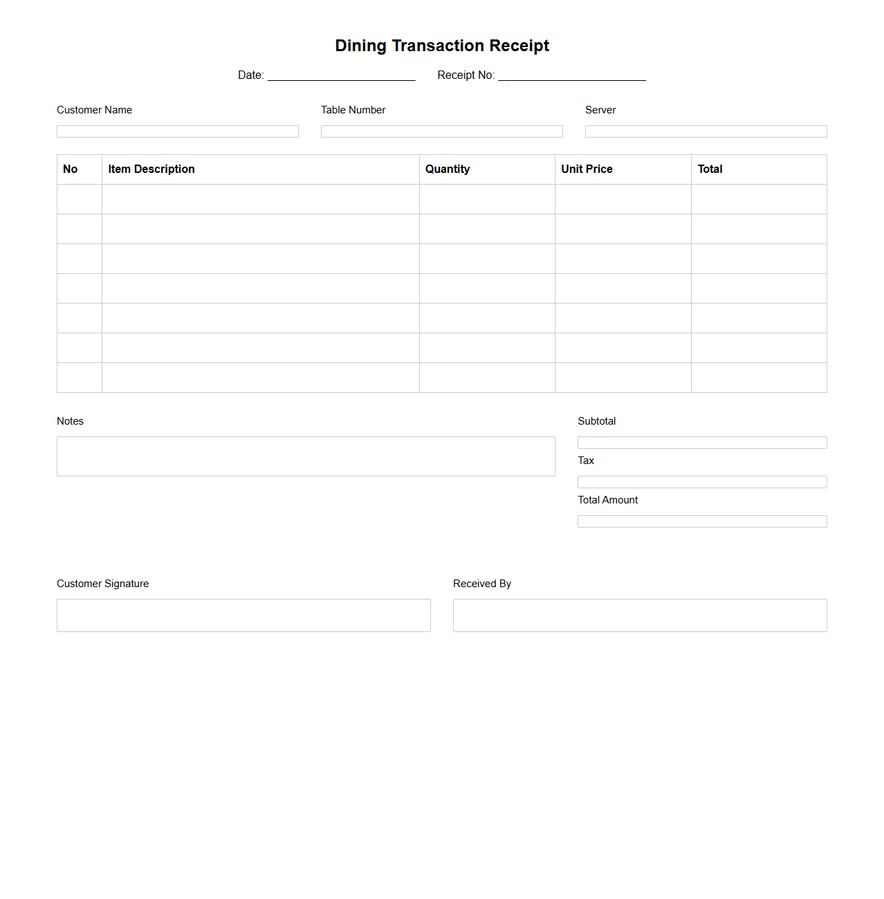 Blank Dining Transaction Receipt Sheet