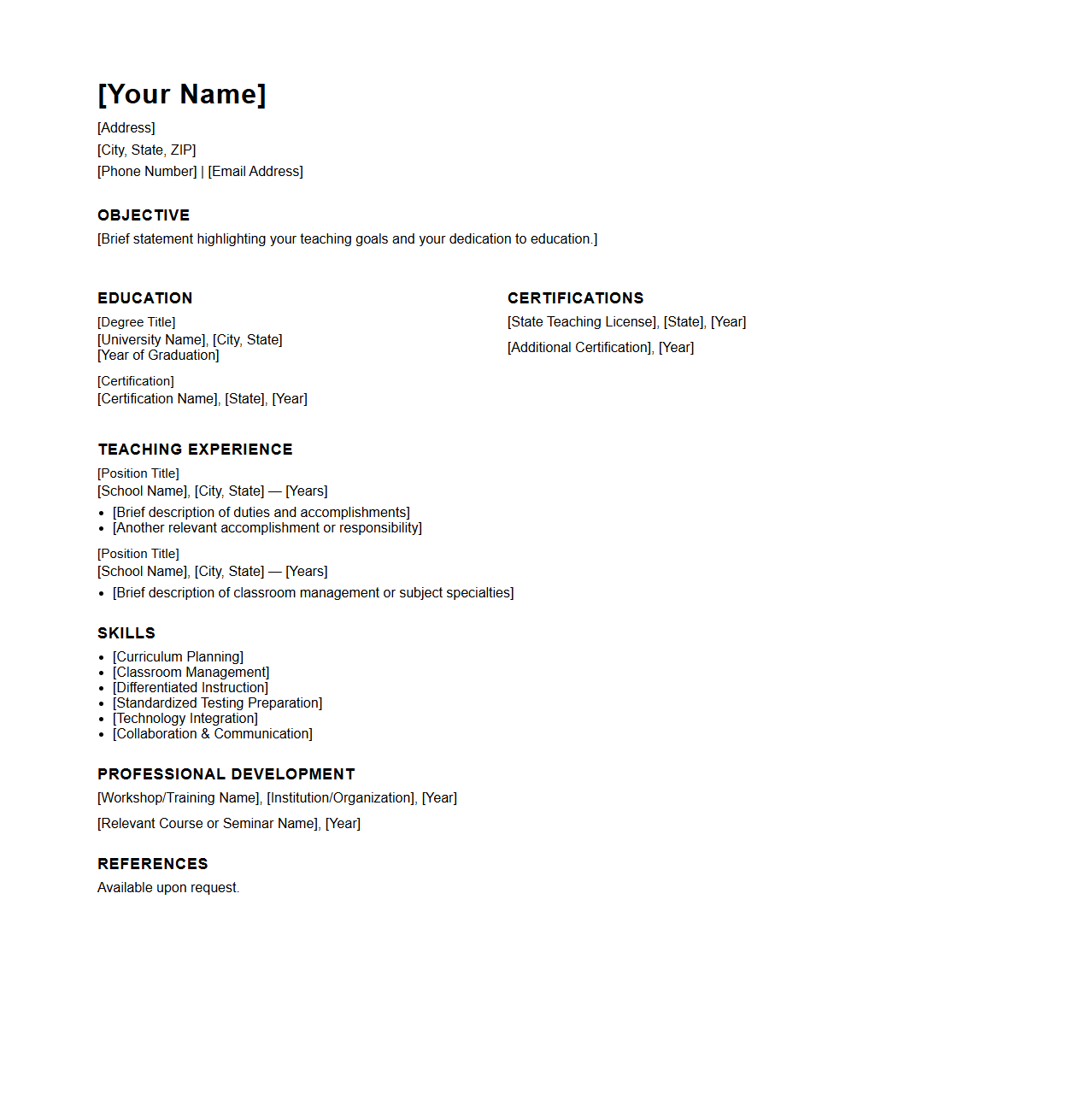 Blank Elementary Teacher Resume Template for Classroom Roles