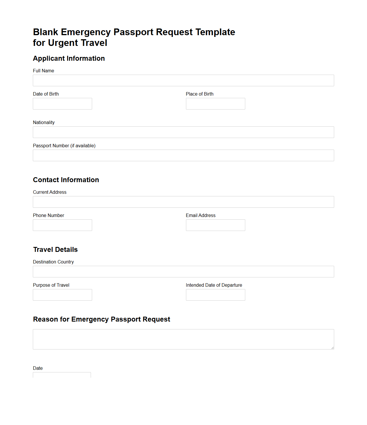 Blank Emergency Passport Request Template for Urgent Travel
