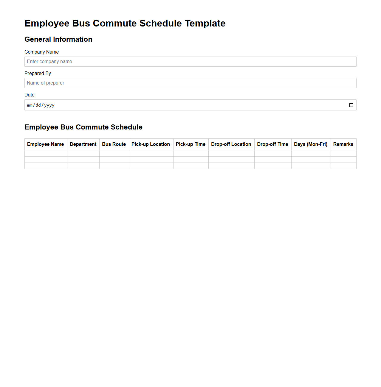 Blank Employee Bus Commute Schedule Template