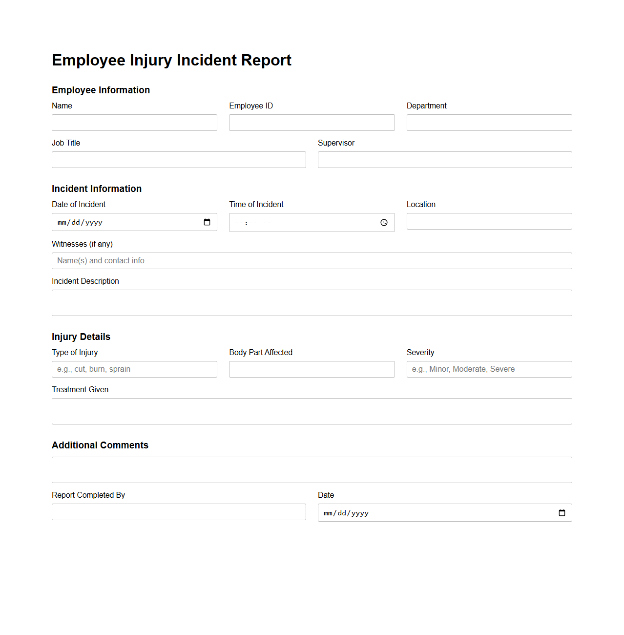 Blank Employee Injury Incident Report Template
