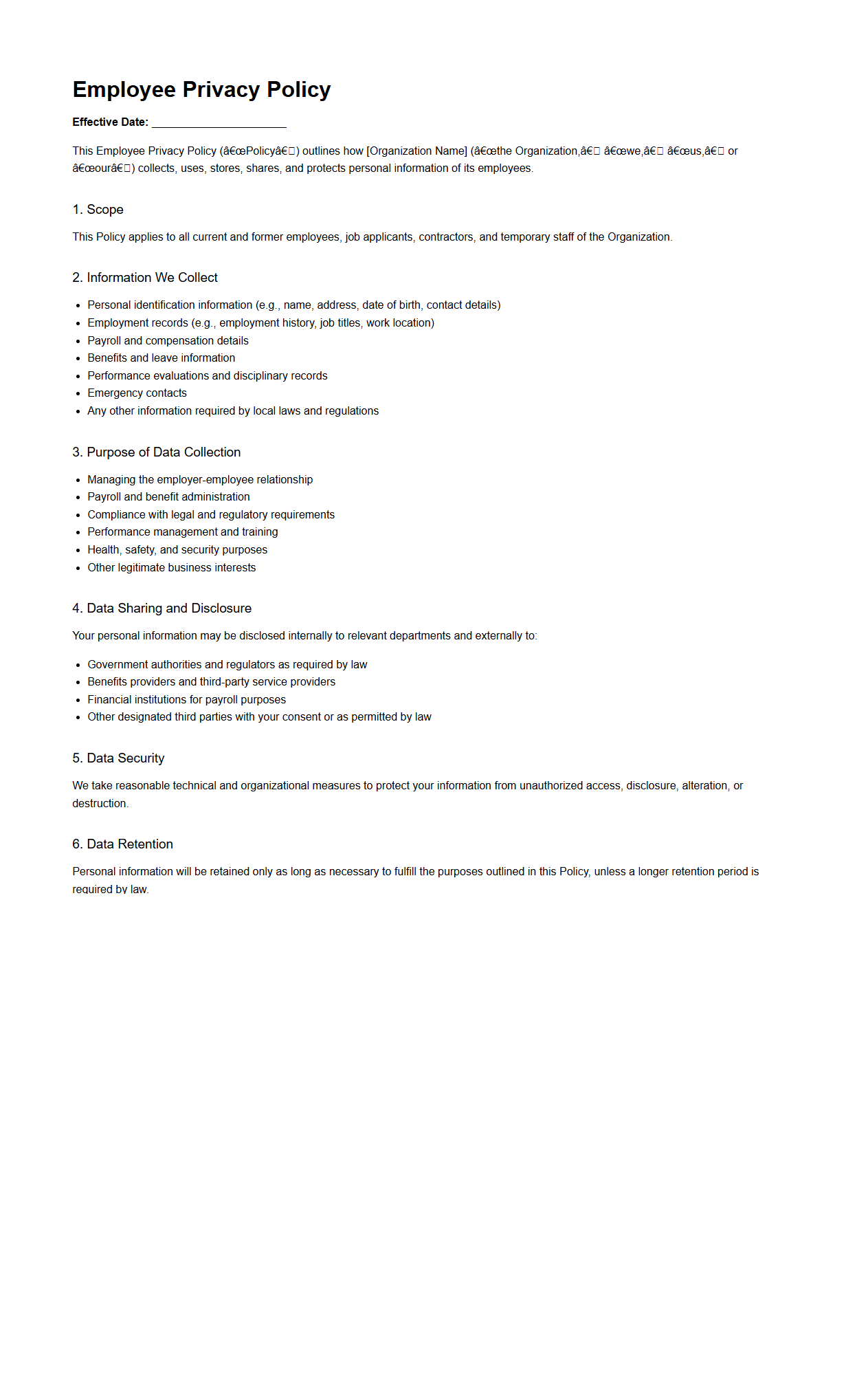 Blank Employee Privacy Policy Template for Organizations