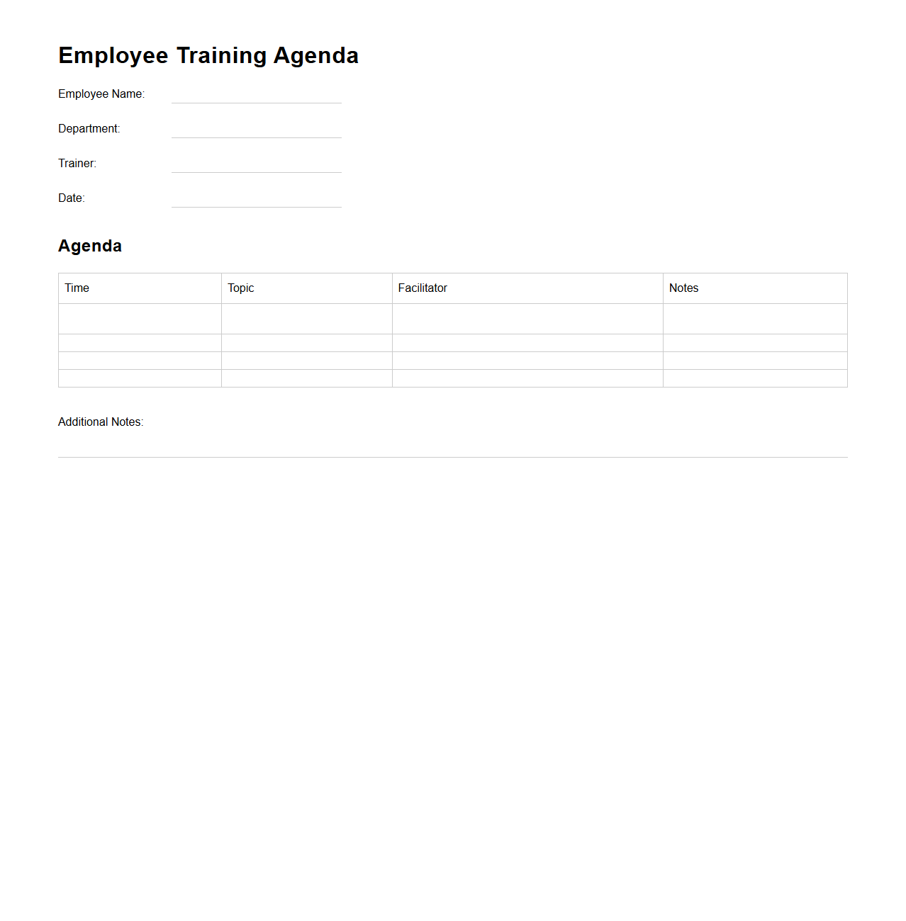 Blank Employee Training Agenda Template