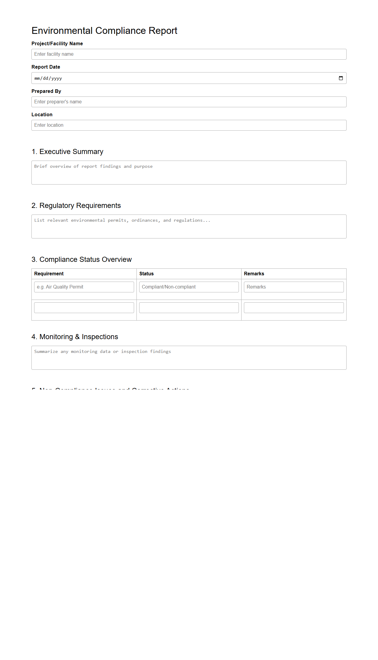 Blank Environmental Compliance Report Template