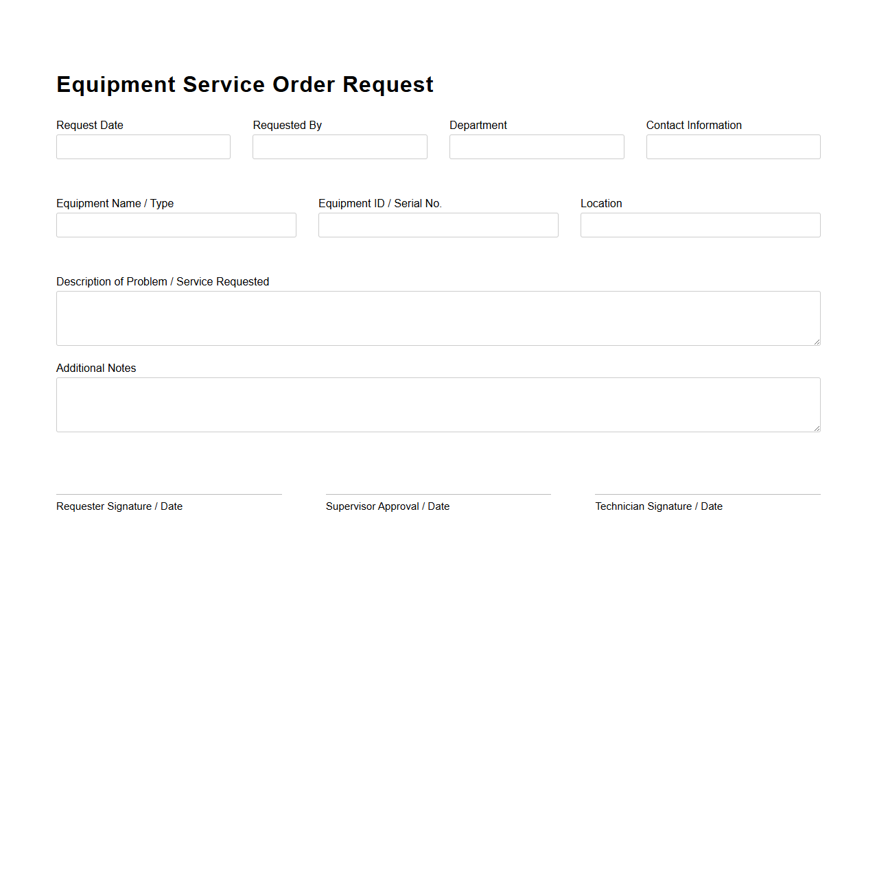 Blank Equipment Service Order Request Document