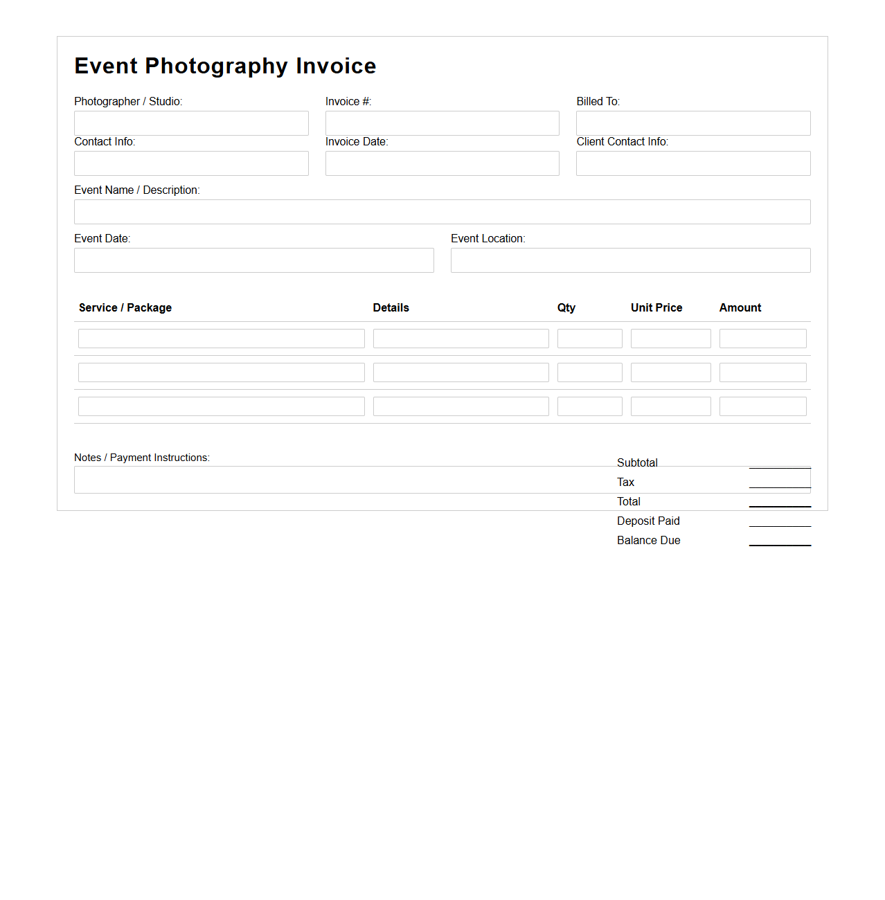 Blank Event Photography Invoice Template