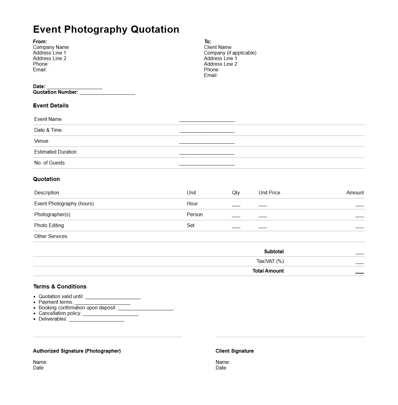 Blank Event Photography Quotation Template for Corporate Functions