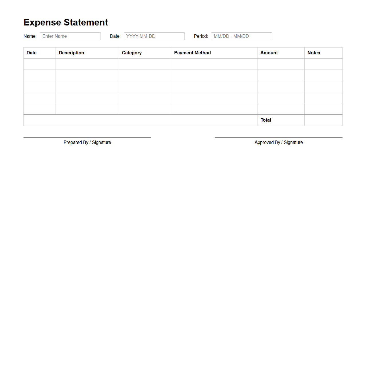 Blank Expense Statement Template for Finance Management