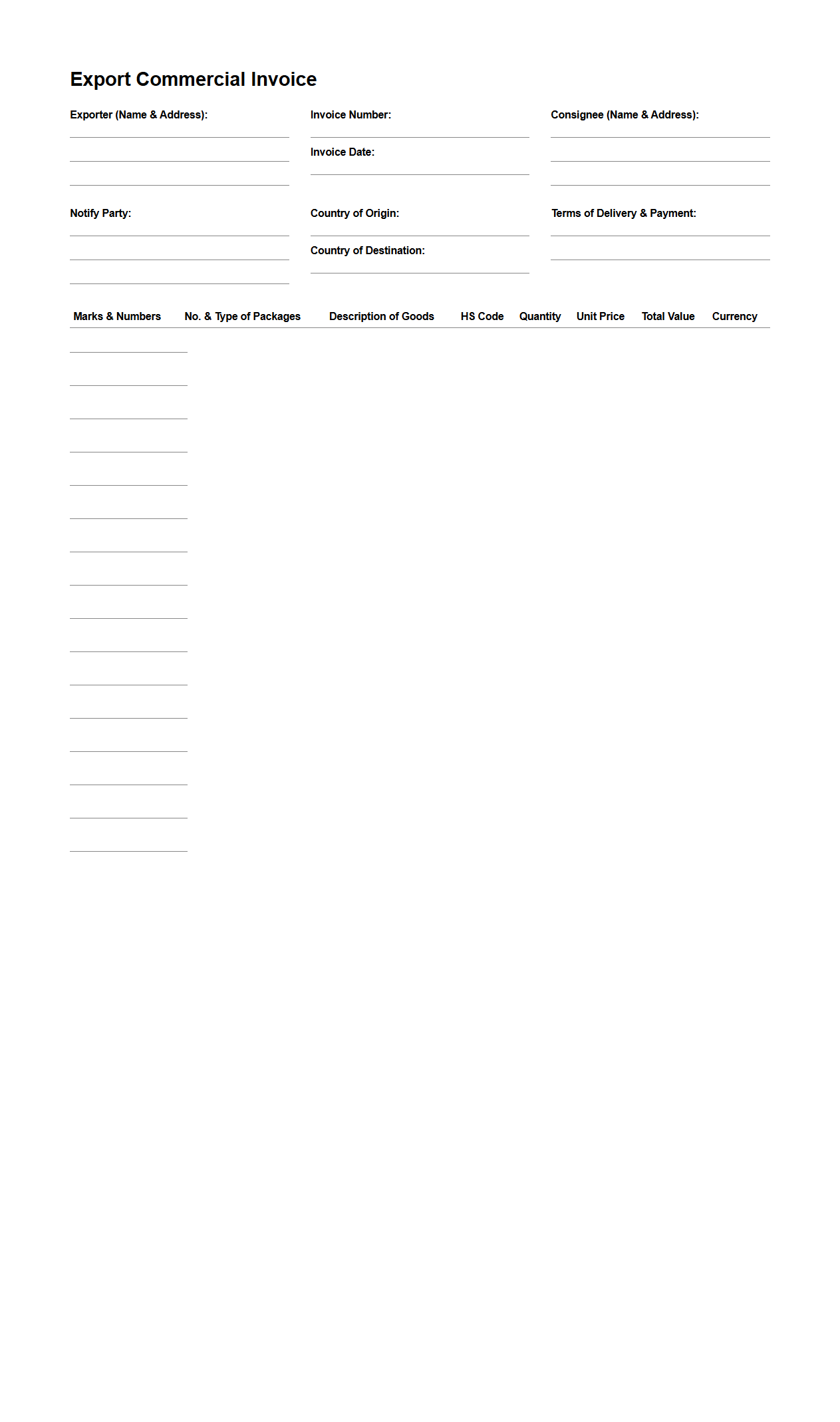 Blank Export Commercial Invoice for Freight Forwarders