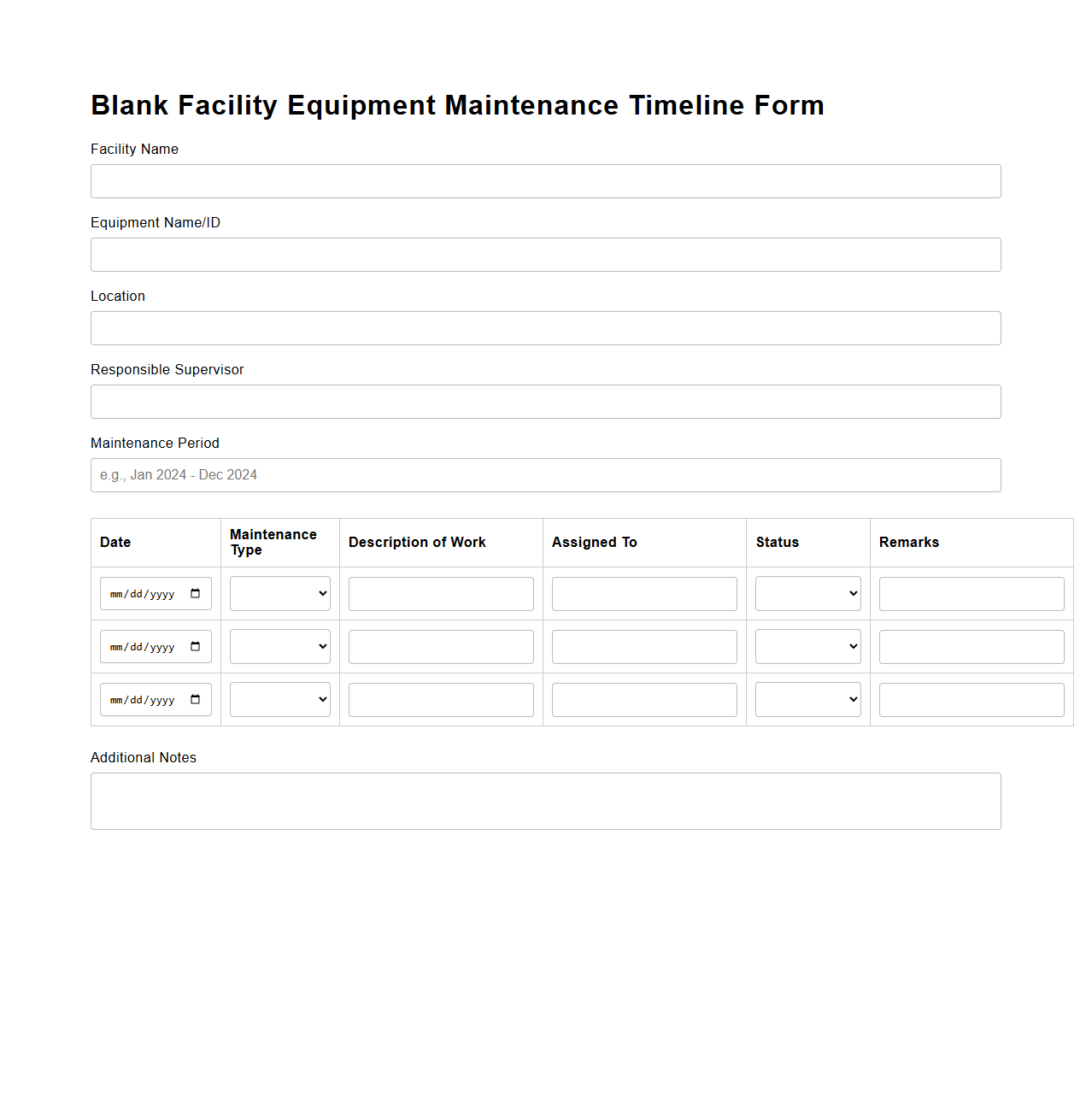 Blank Facility Equipment Maintenance Timeline Form