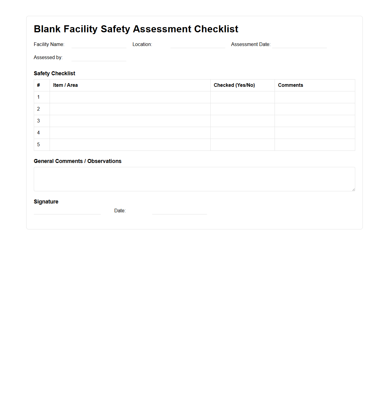 Blank Facility Safety Assessment Checklist