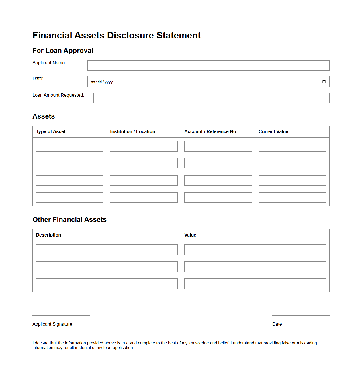 Blank Financial Assets Disclosure Statement for Loan Approval