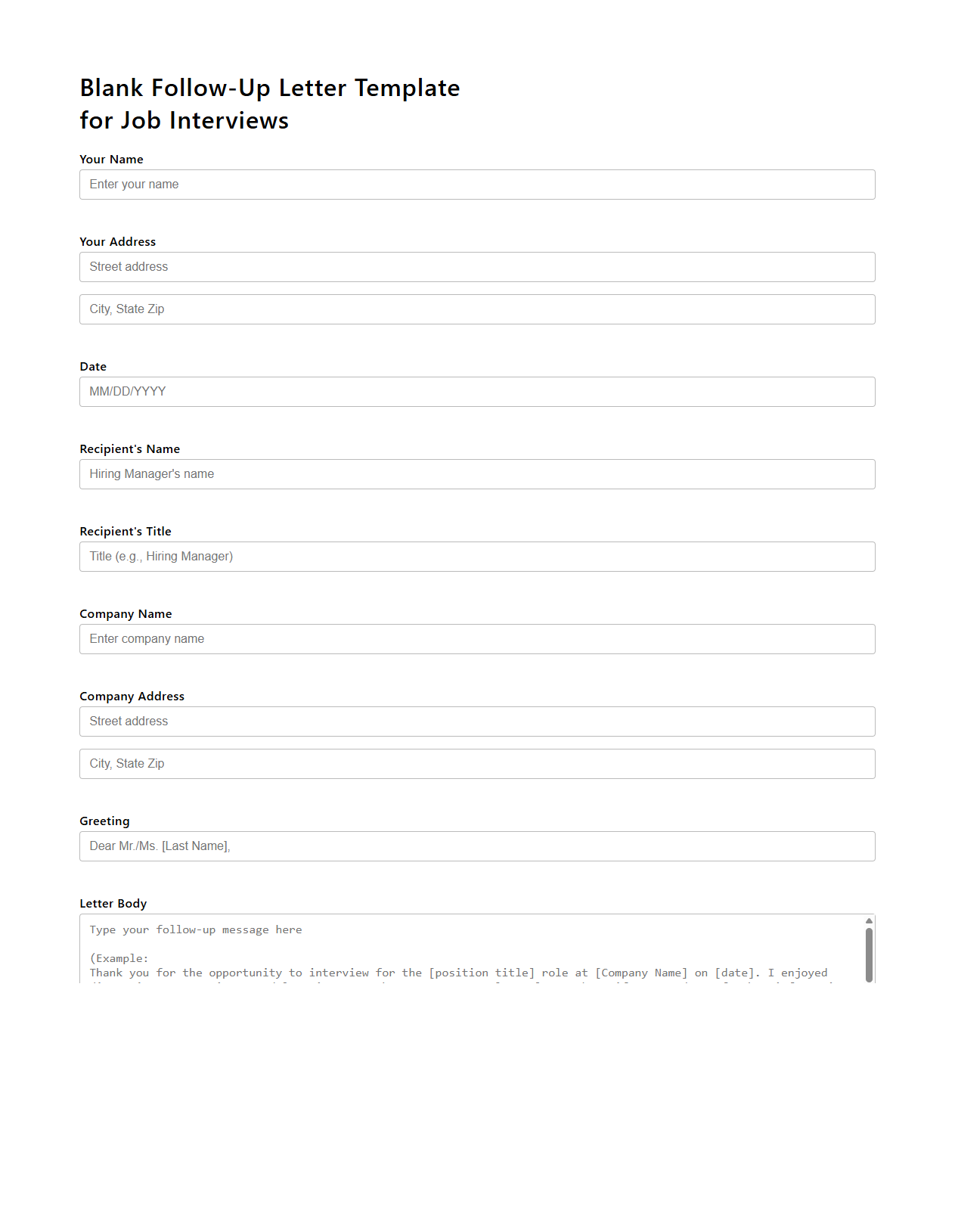 Blank Follow-Up Letter Template for Job Interviews