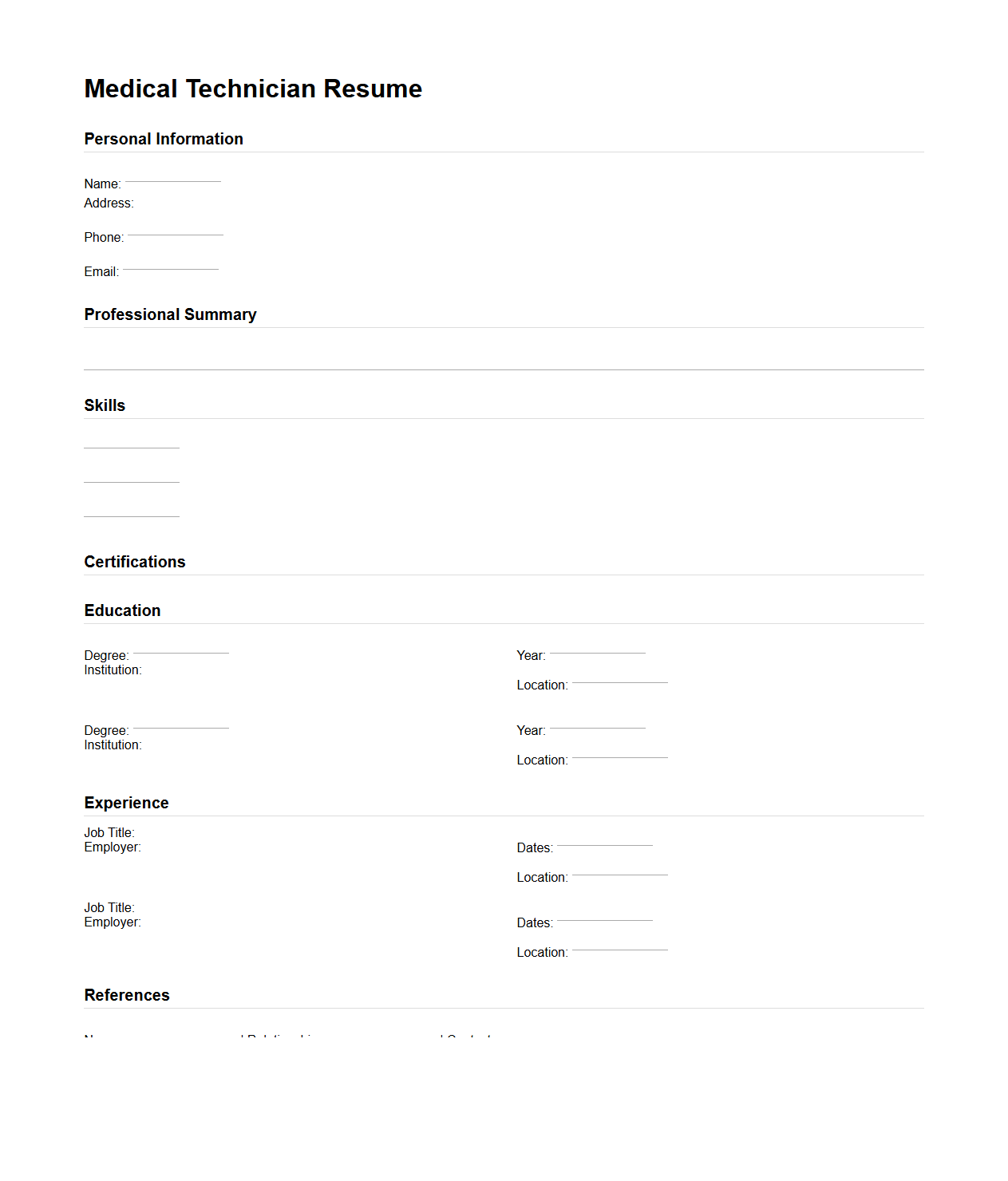 Blank Format for Medical Technician Resume