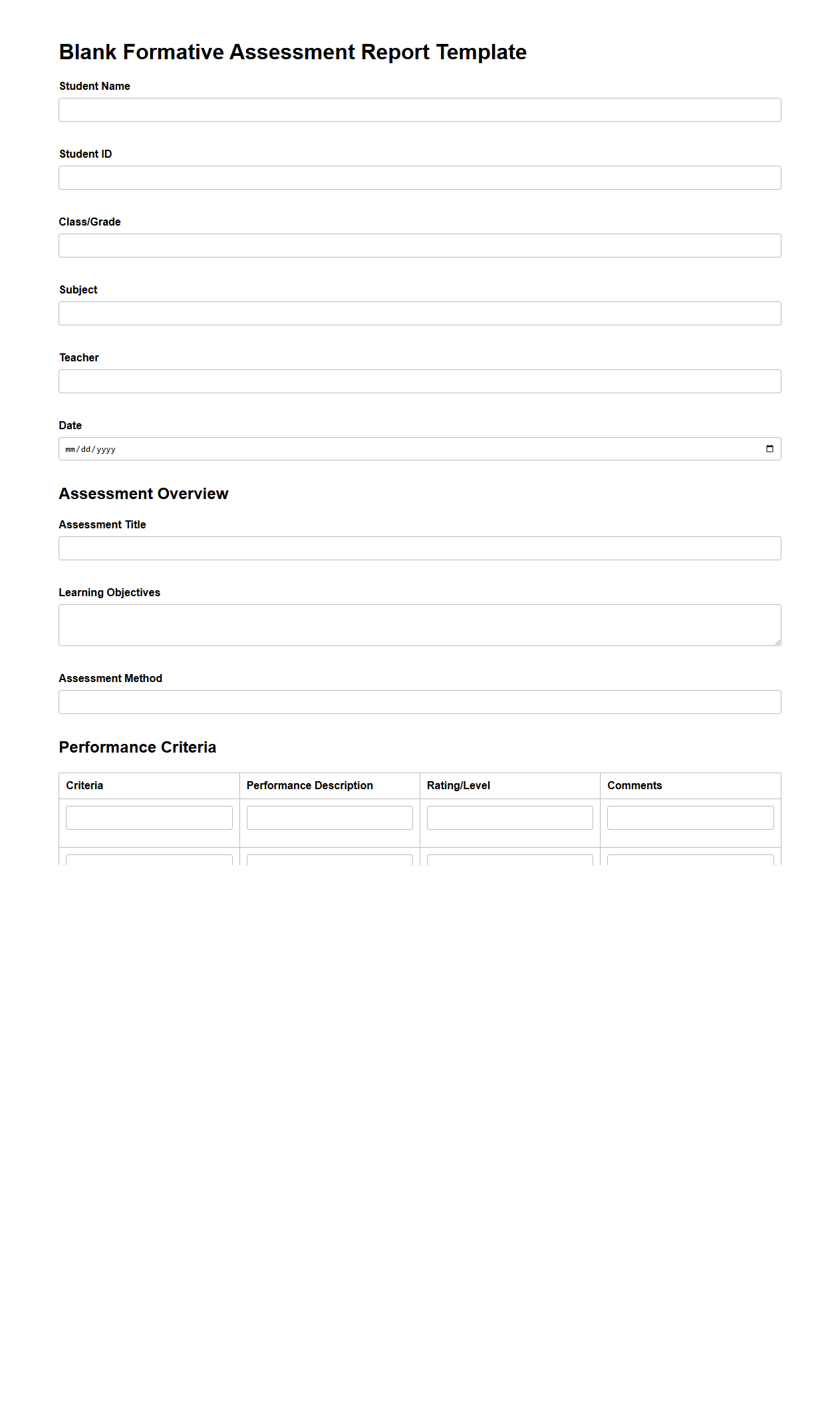 Blank Formative Assessment Report Template for School Use