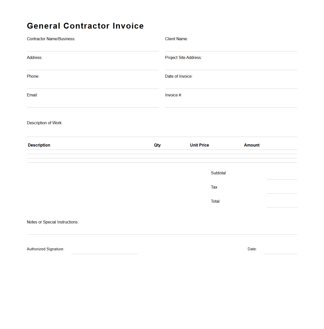 Blank General Contractor Invoice Template