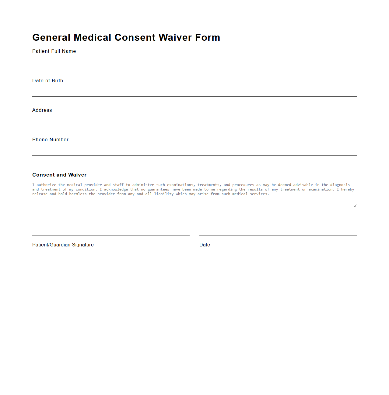 Blank General Medical Consent Waiver Form Template