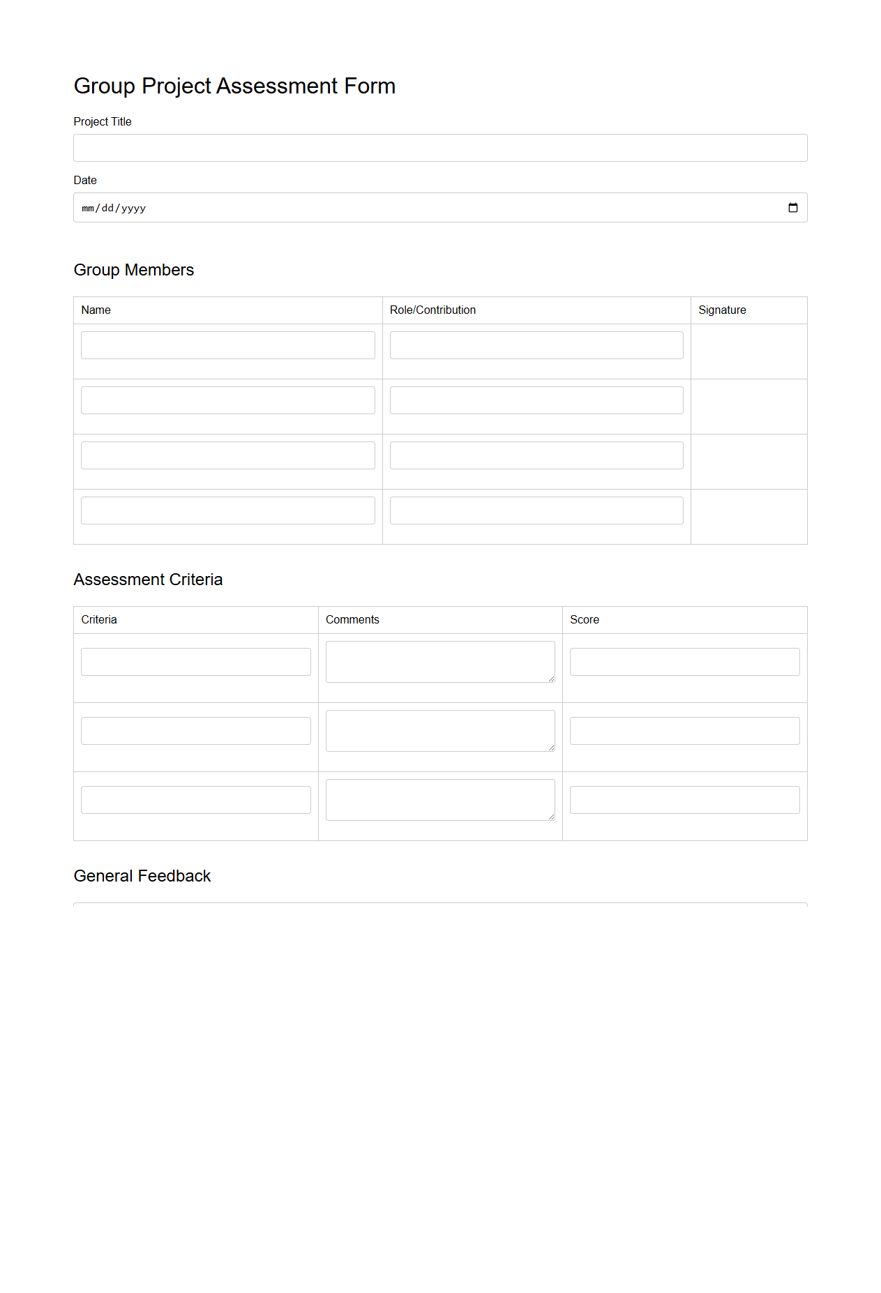 Blank Group Project Assessment Form Template