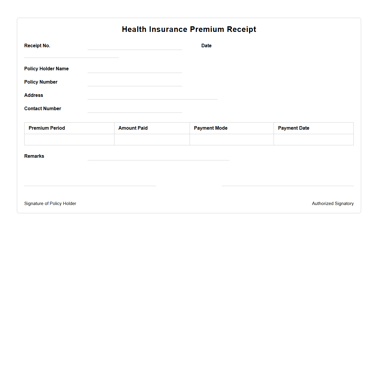 Blank Health Insurance Premium Receipt Template