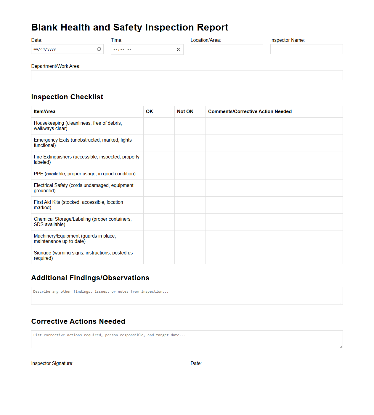Blank Health and Safety Inspection Report Template for OSHA Compliance