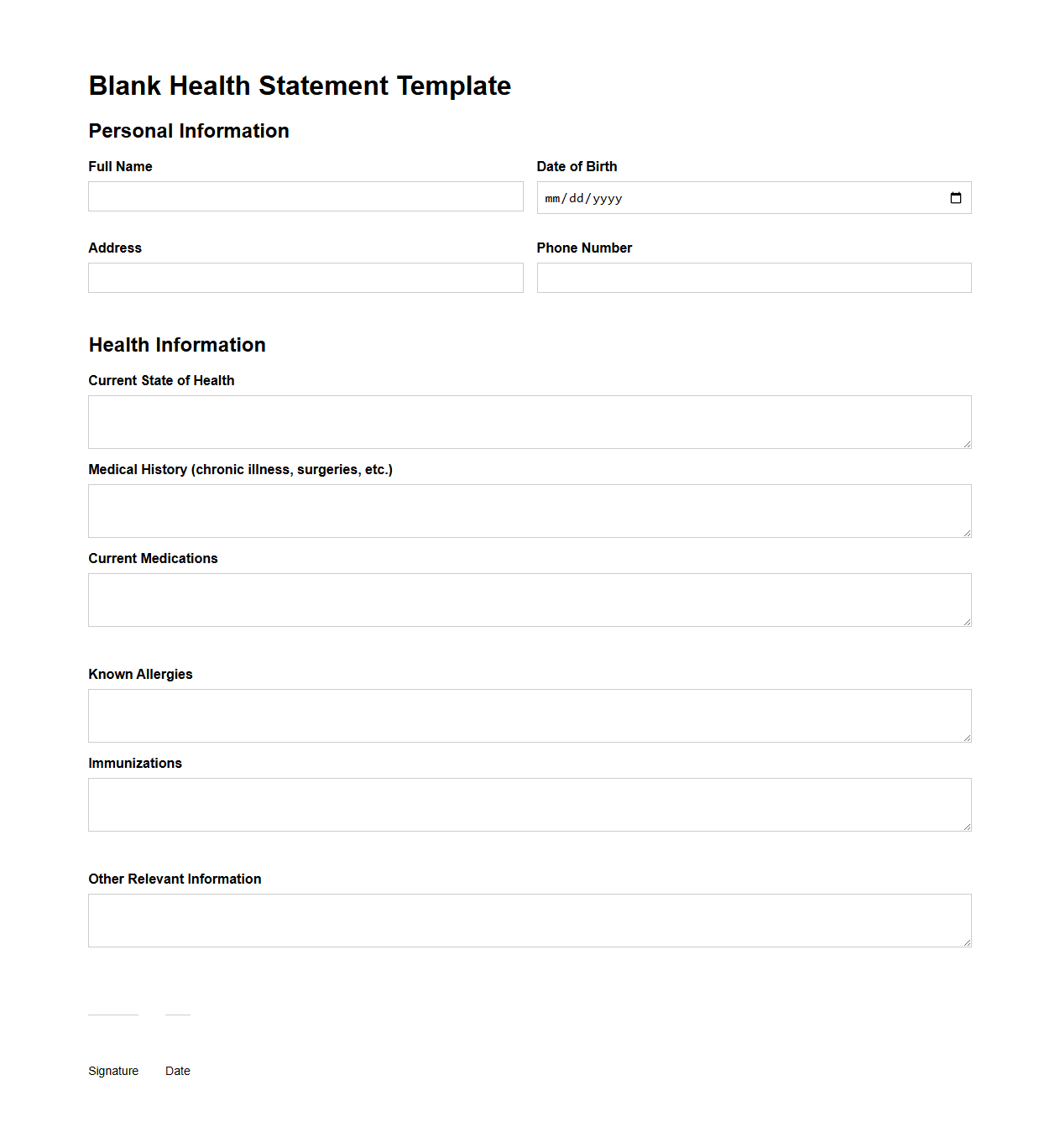 Blank Health Statement Template for Individuals
