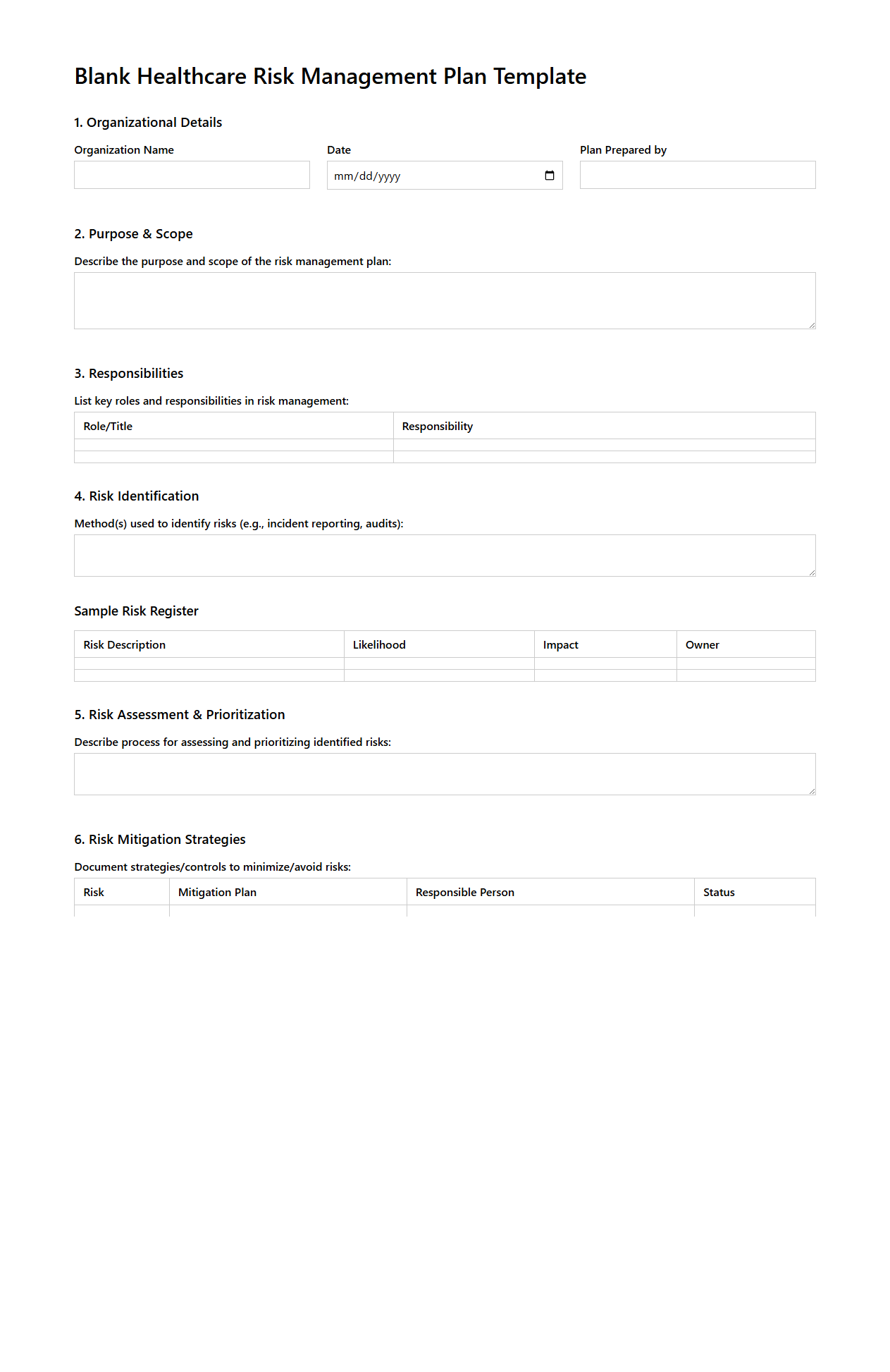 Blank Healthcare Risk Management Plan Template