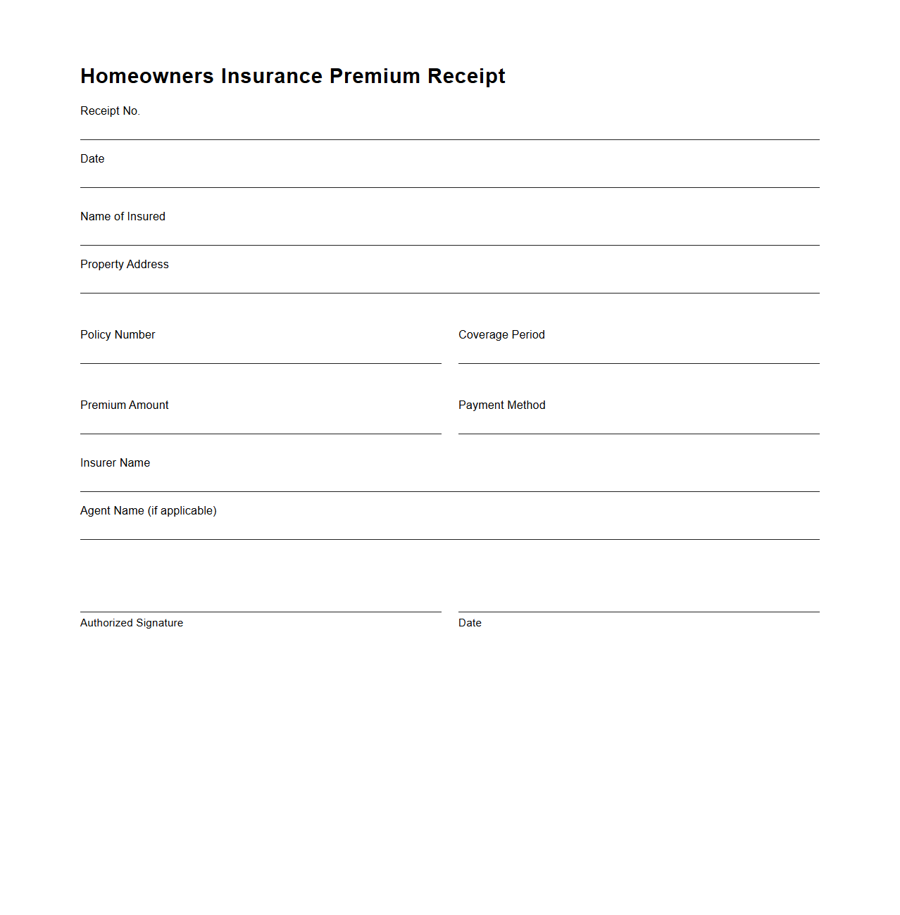 Blank Homeowners Insurance Premium Receipt Form