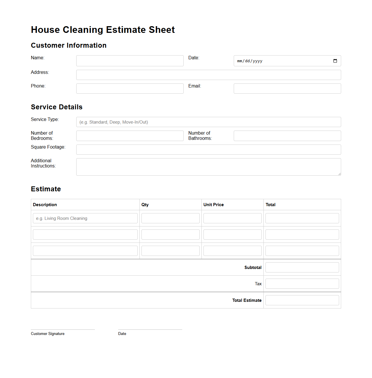 Blank House Cleaning Estimate Sheet