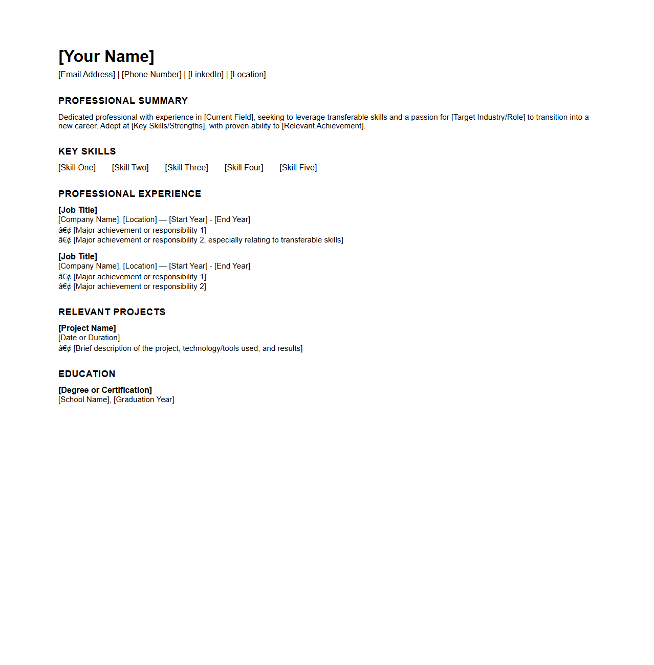 Blank Hybrid Resume Template for Career Switchers