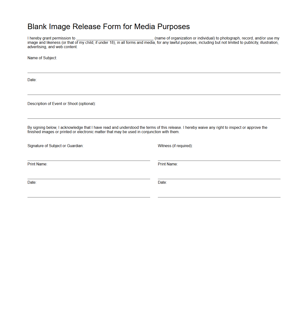 Blank Image Release Form for Media Purposes