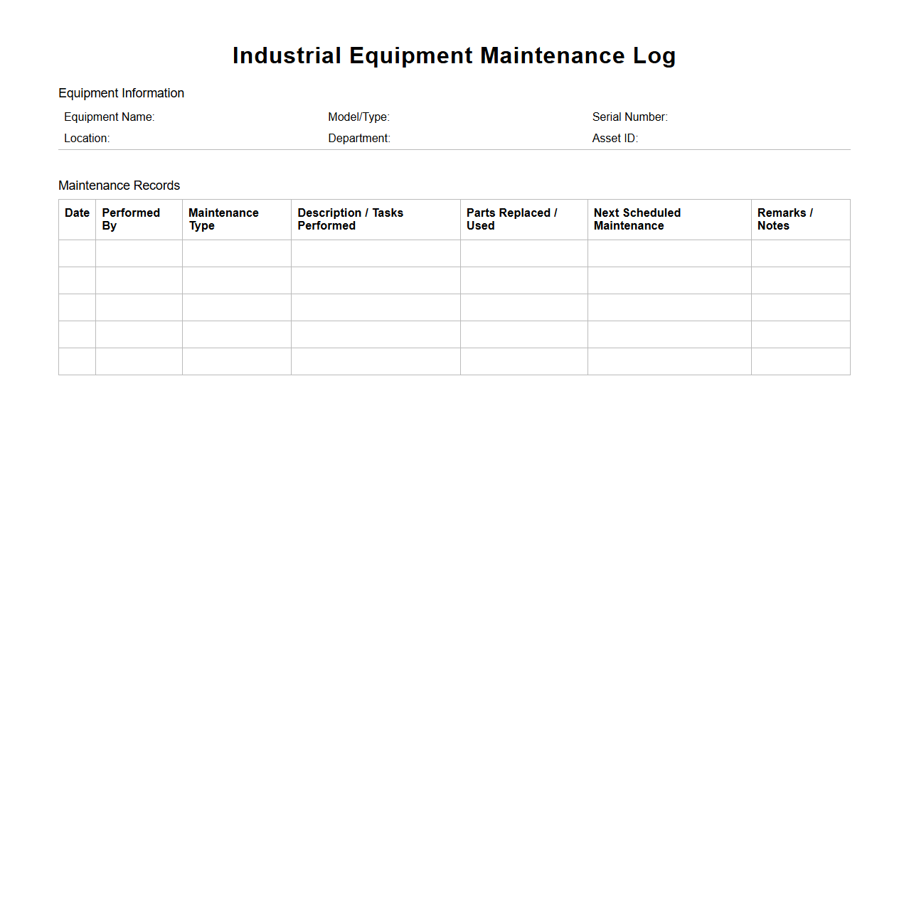 Blank Industrial Equipment Maintenance Log Template