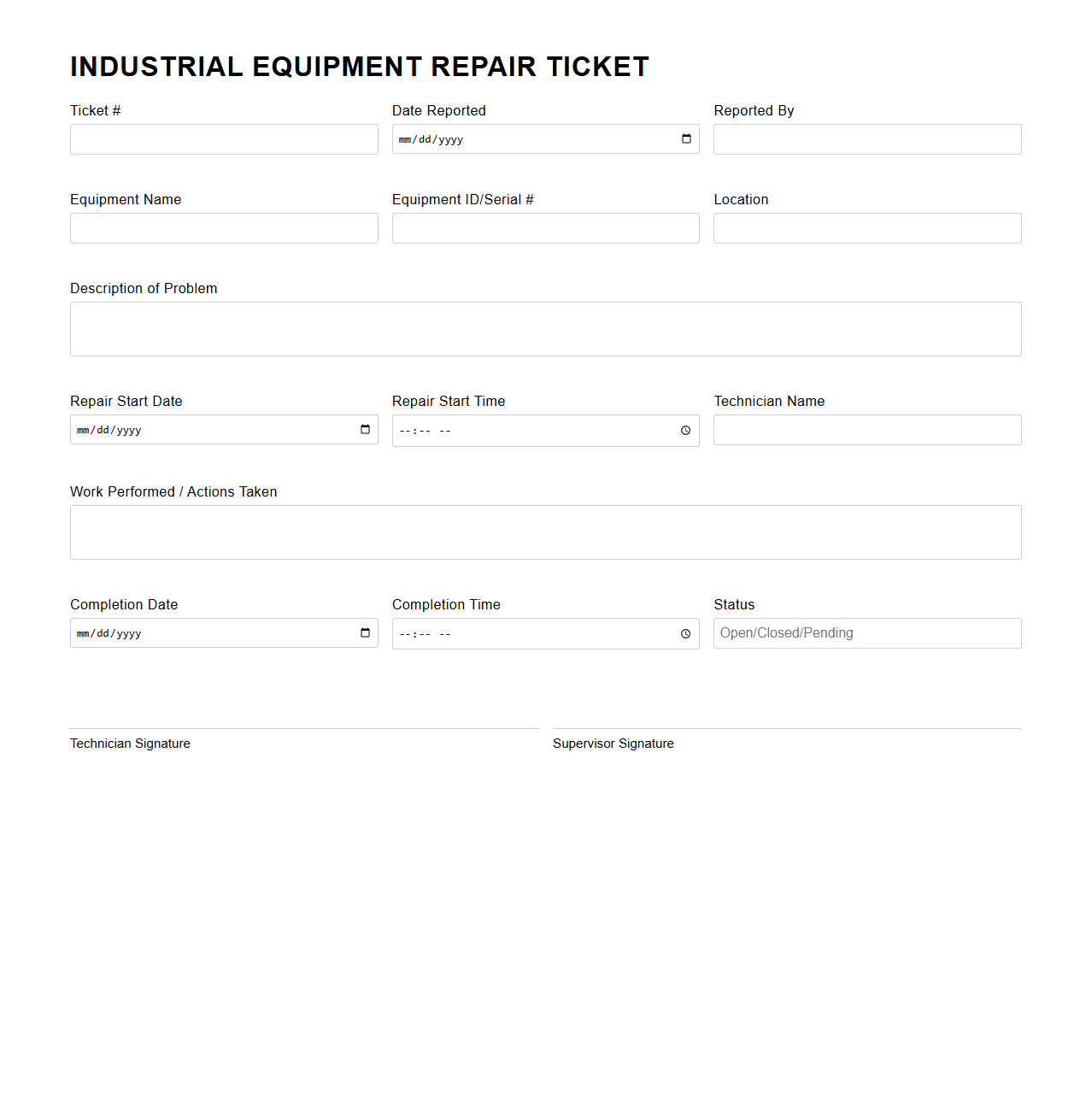 Blank Industrial Equipment Repair Ticket Template