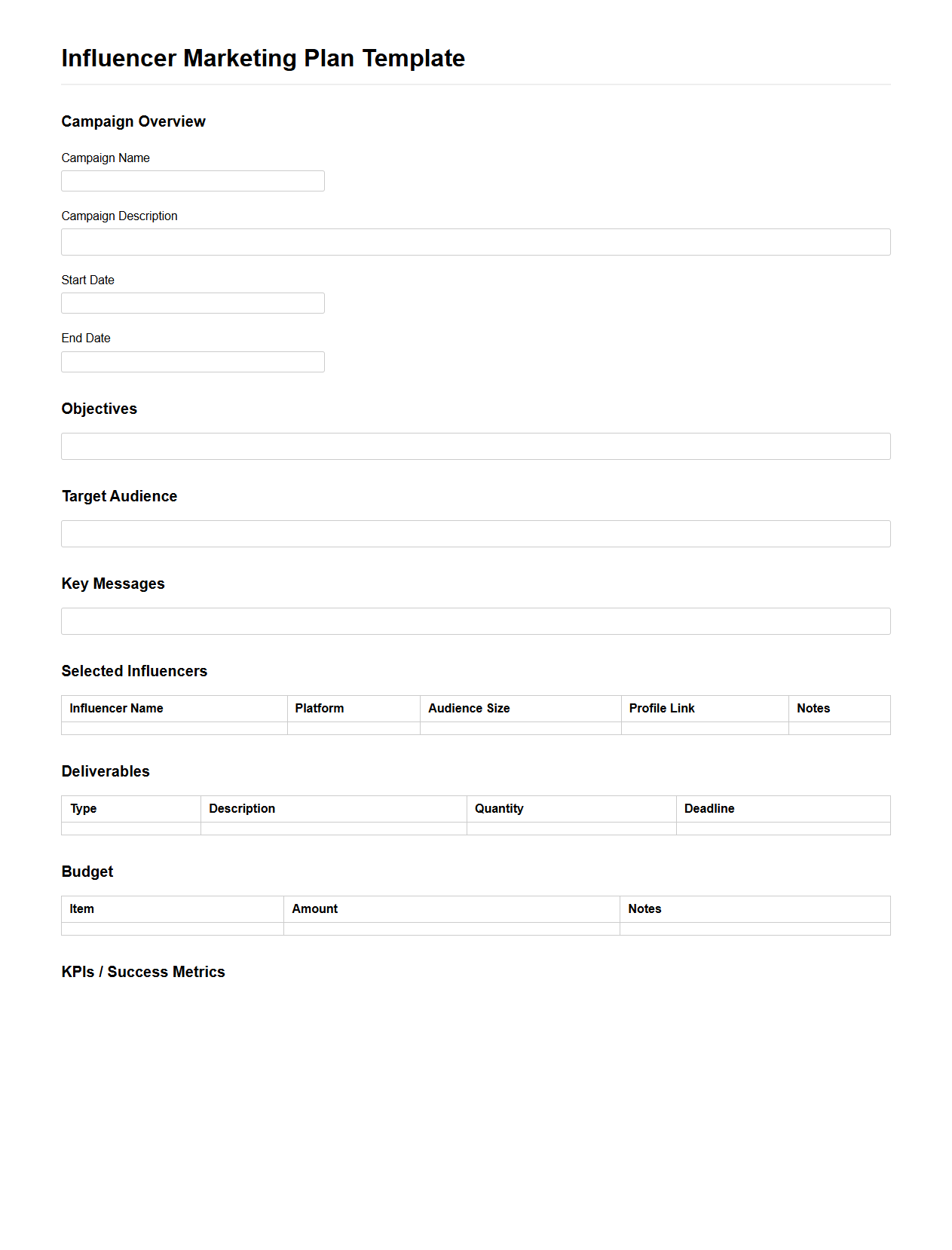 Blank Influencer Marketing Plan Template for Campaigns
