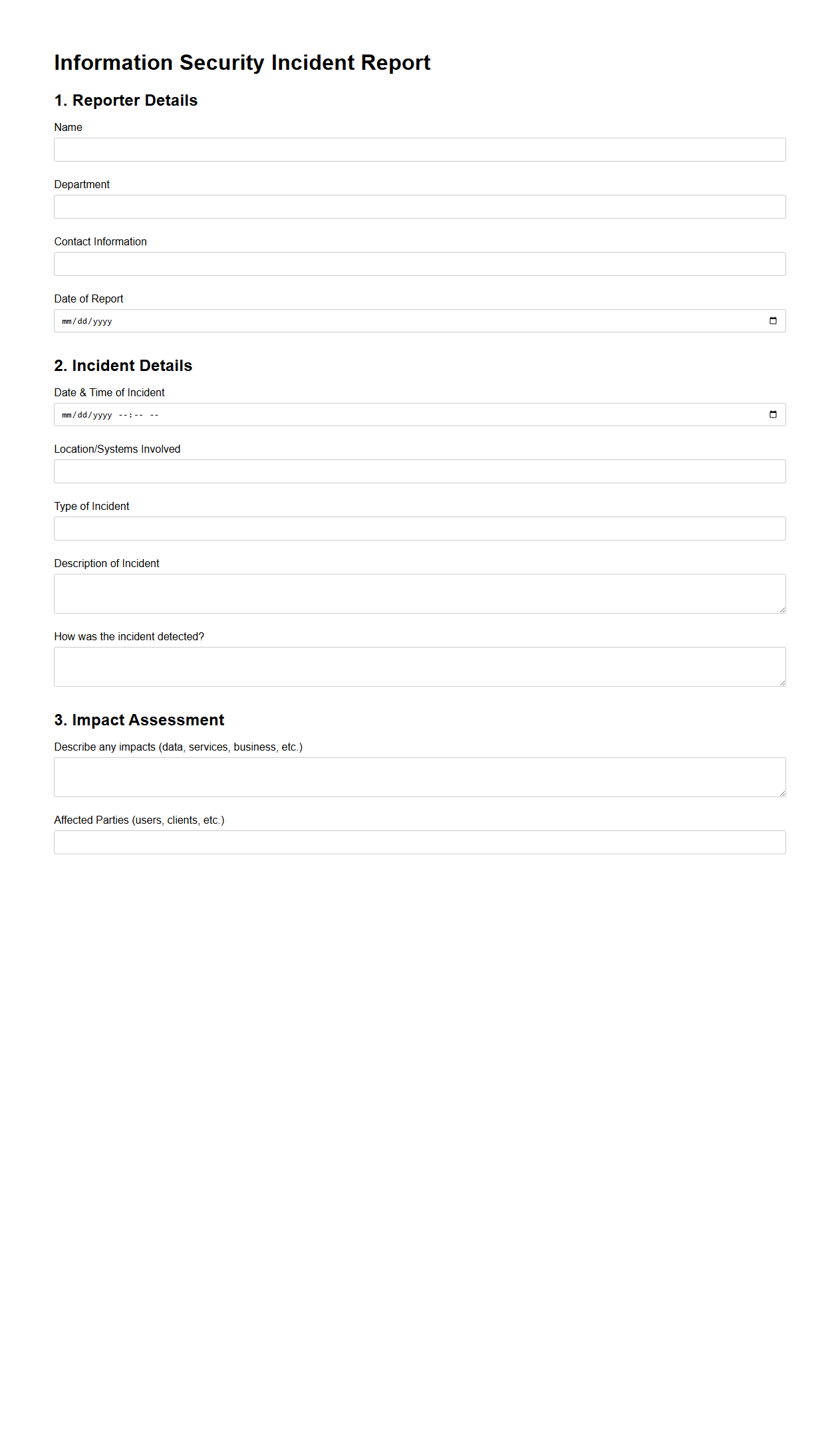 Blank Information Security Incident Report Template