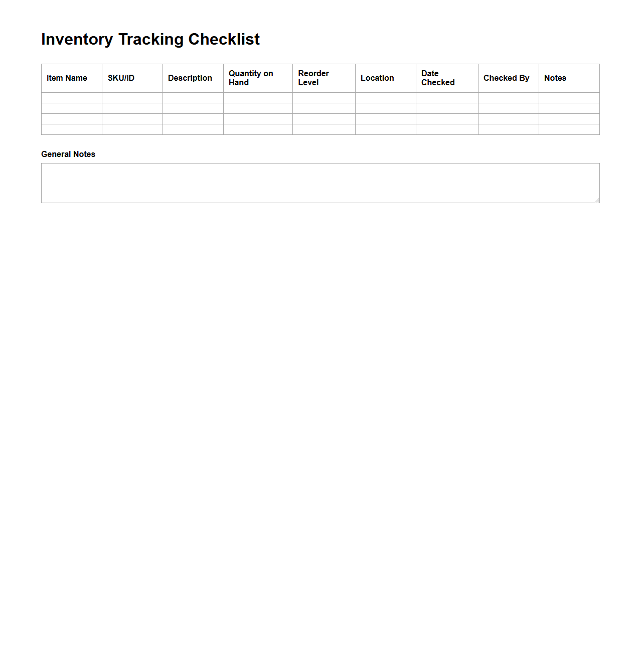 Blank Inventory Tracking Checklist Template for Small Business