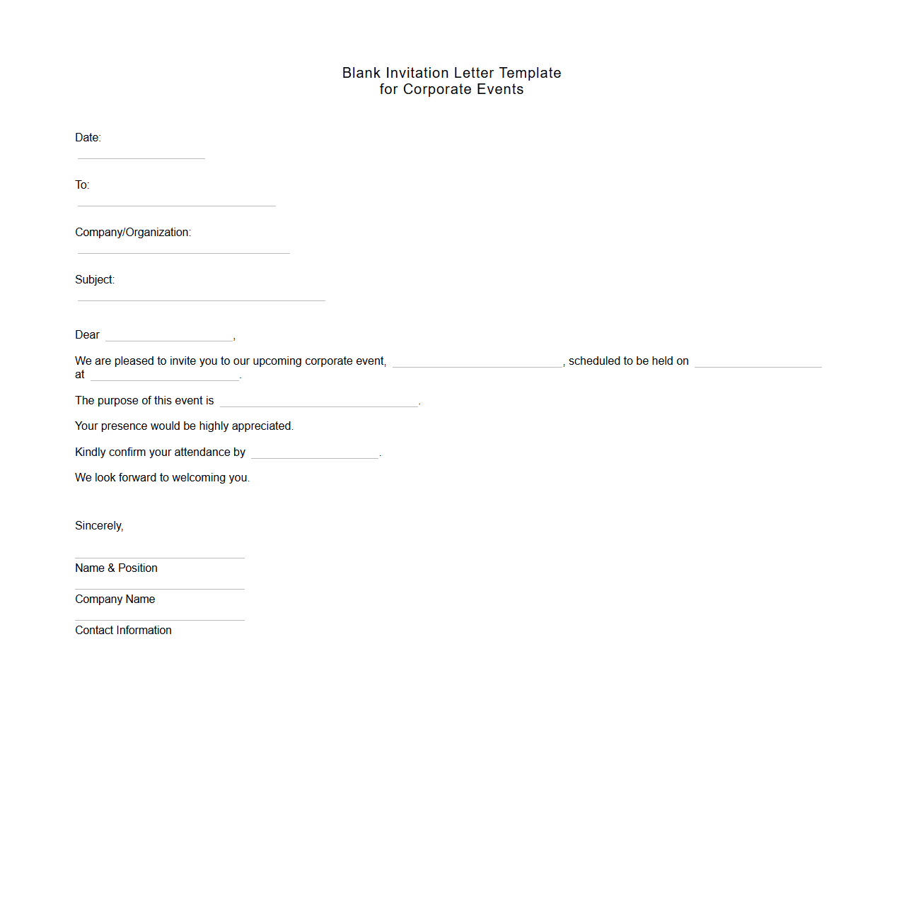 Blank Invitation Letter Template for Corporate Events