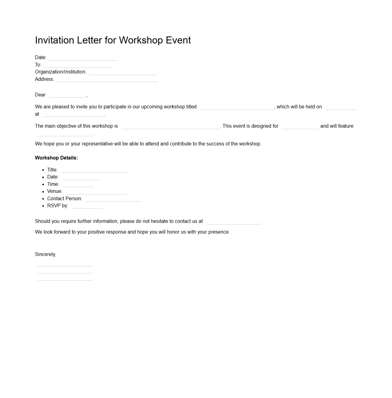 Blank Invitation Letter Template for Workshop Event Planning