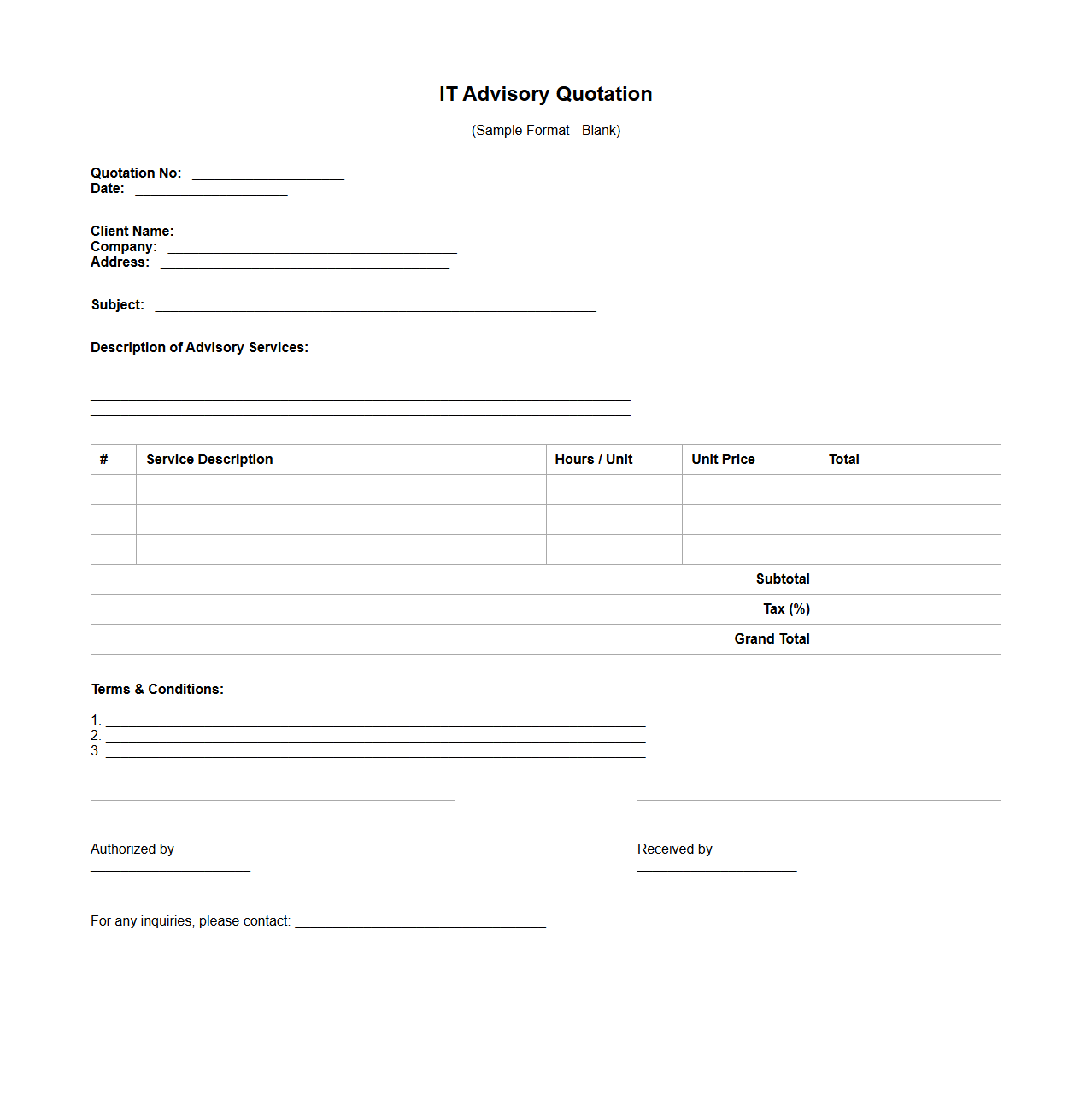 Blank IT Advisory Quotation Format