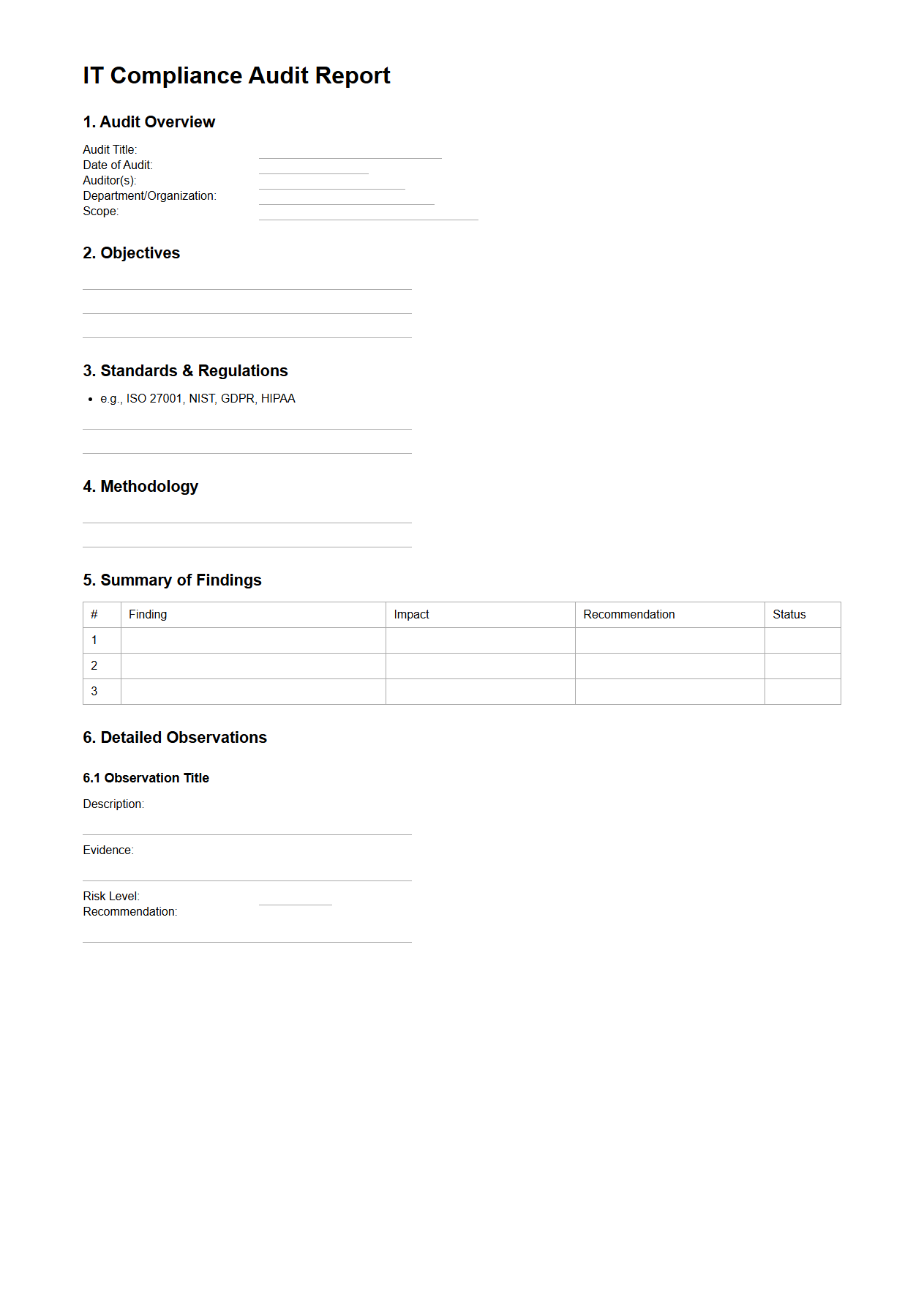Blank IT Compliance Audit Report Template