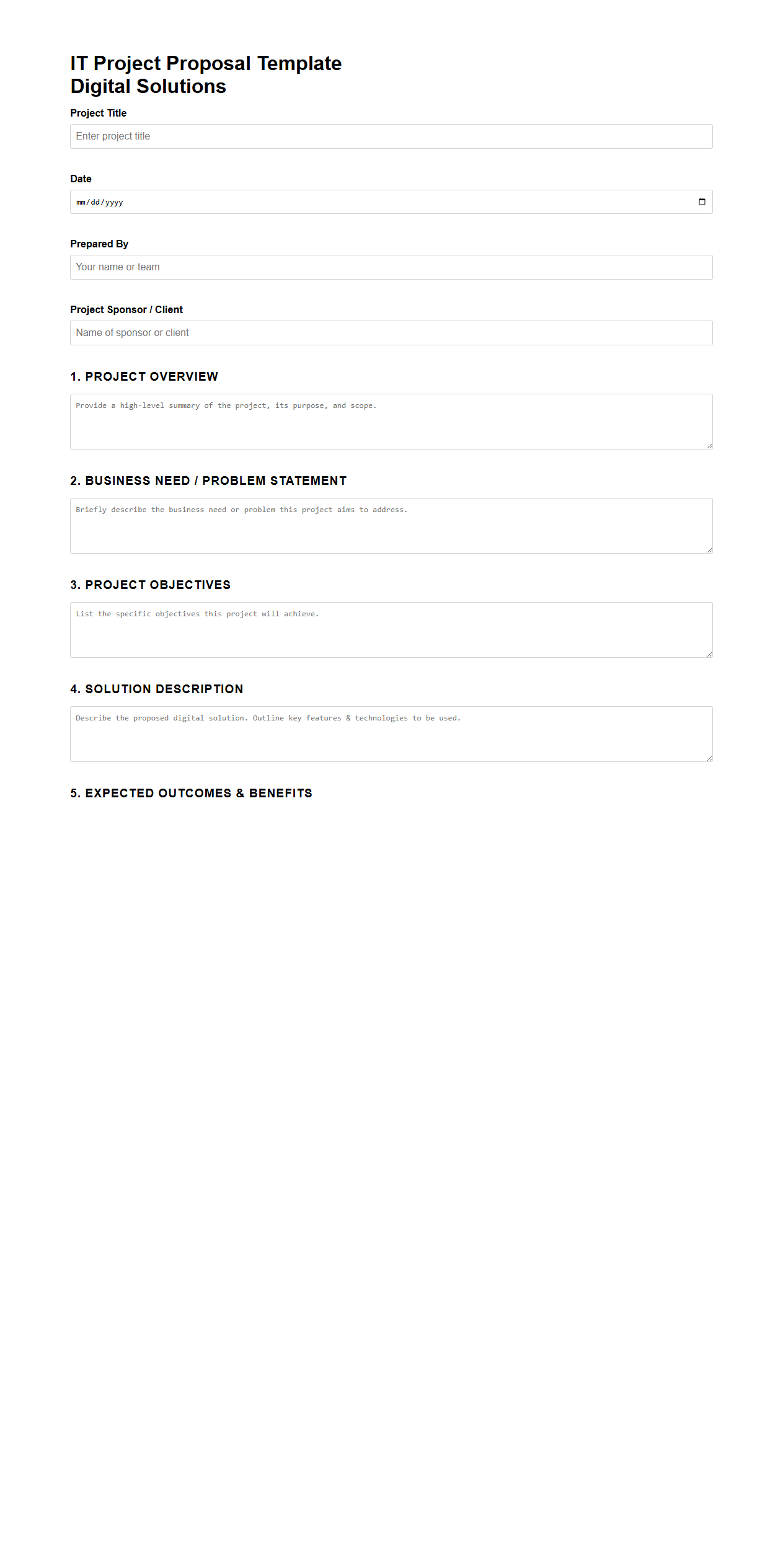 Blank IT Project Proposal Template for Digital Solutions