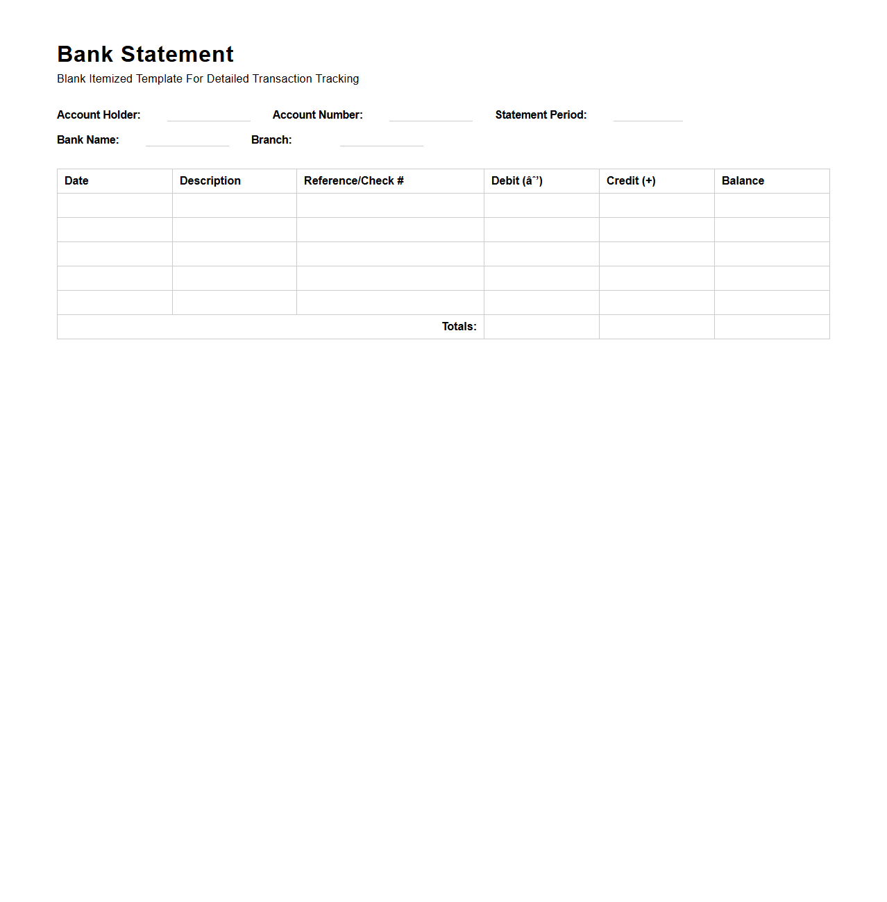 Blank Itemized Bank Statement Template for Detailed Tracking