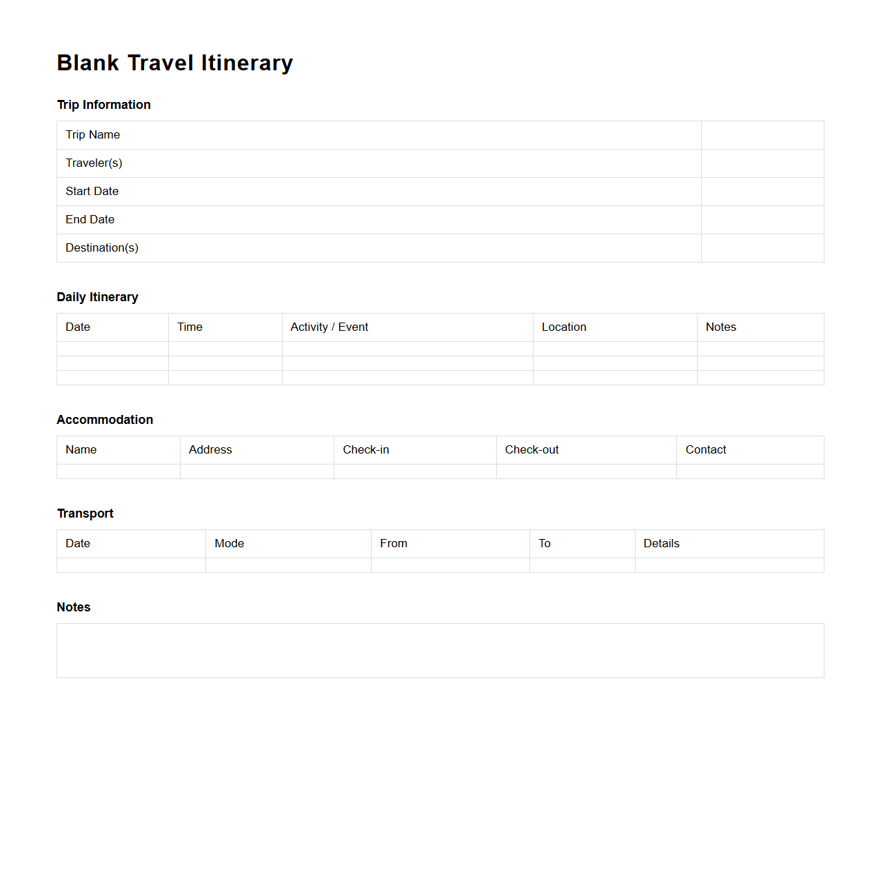Blank Itinerary Template for Travel Planning