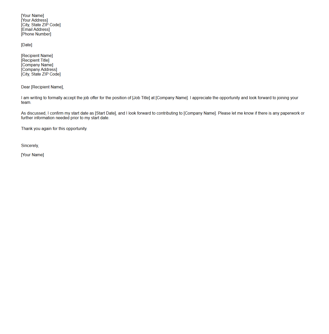 Blank Job Offer Response Acceptance Letter