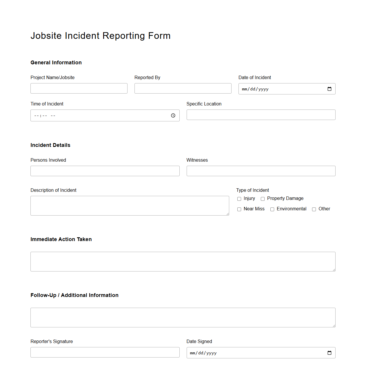 Blank Jobsite Incident Reporting Form