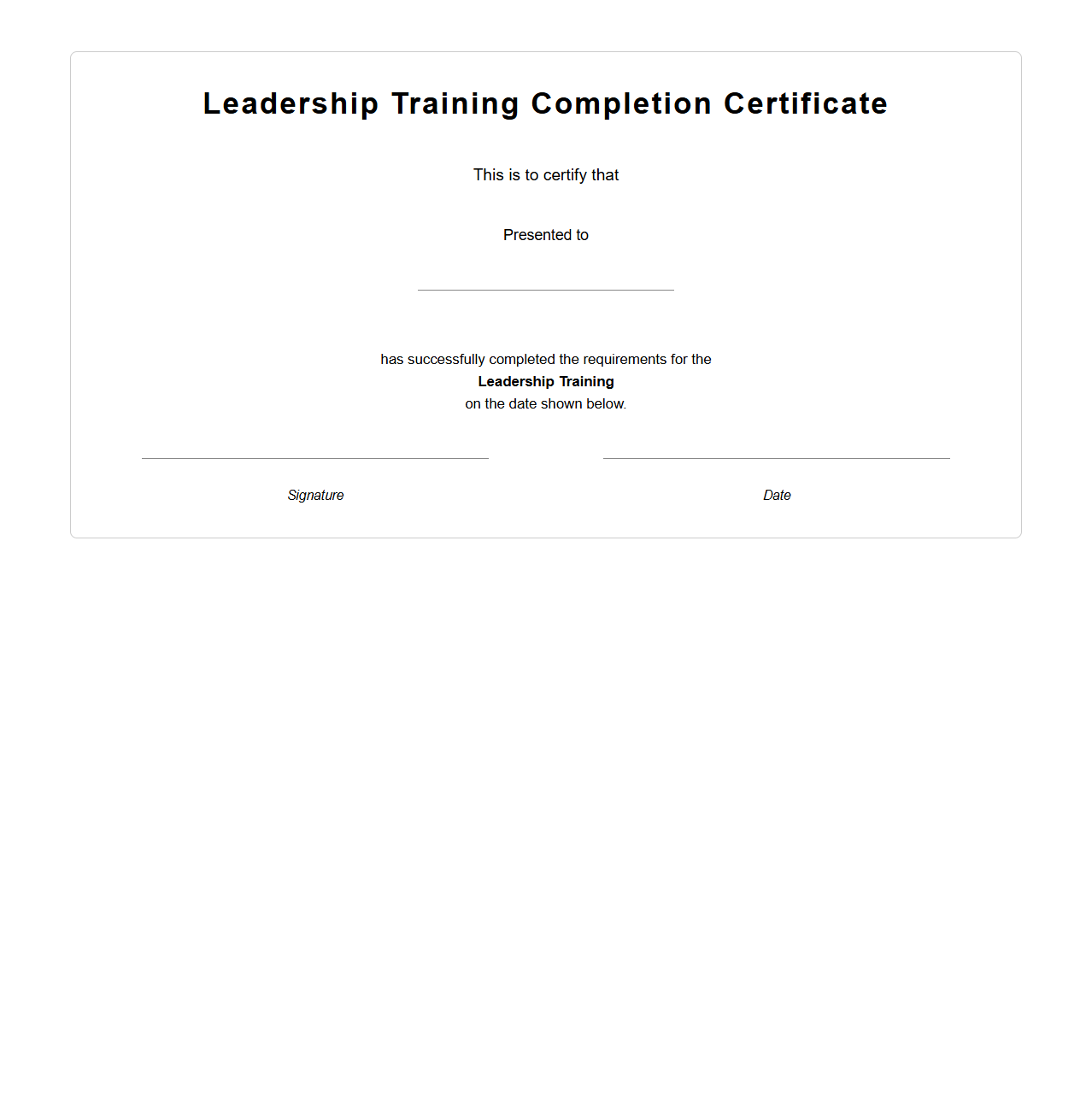 Blank Leadership Training Completion Certificate