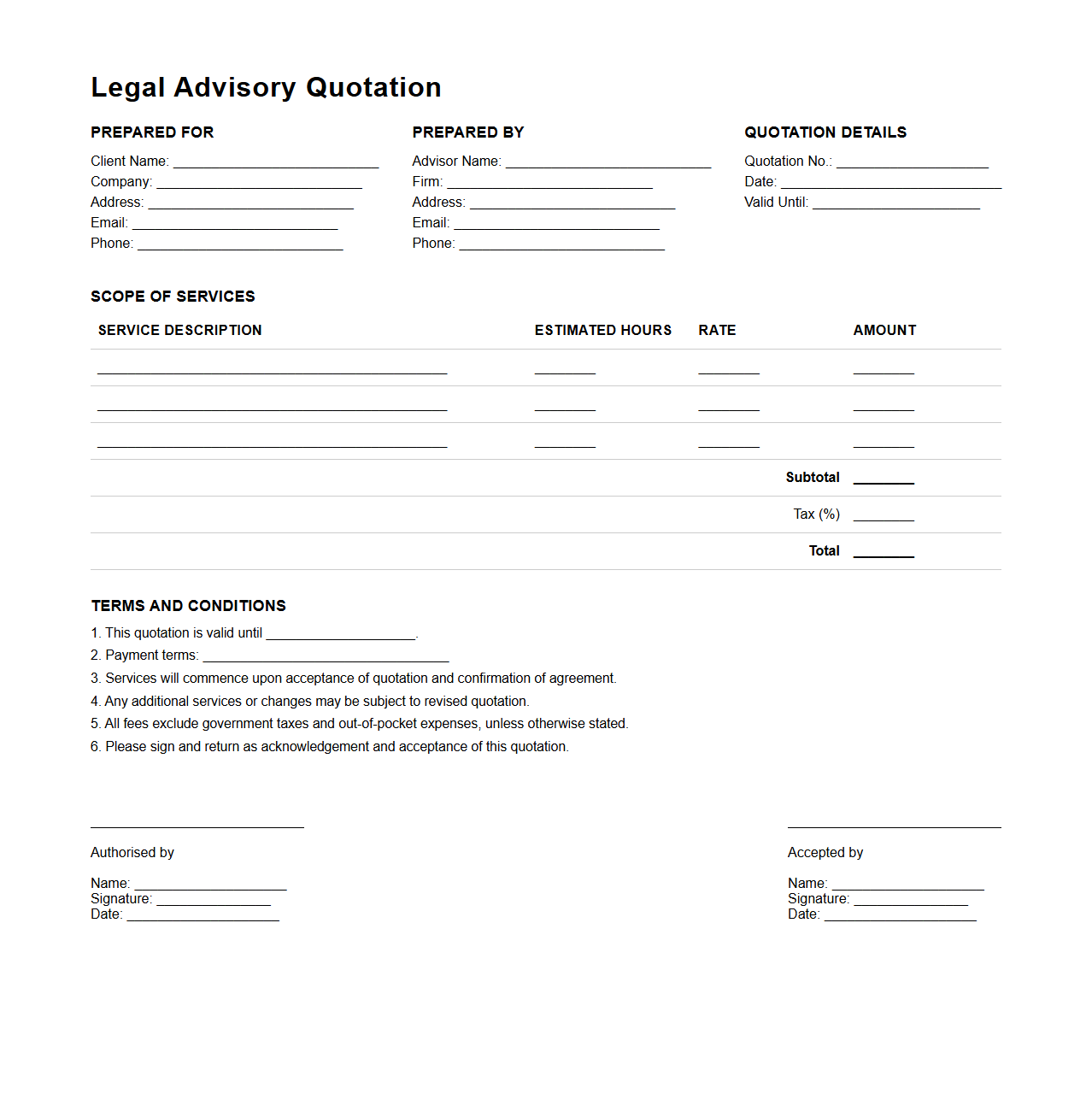 Blank Legal Advisory Quotation Template