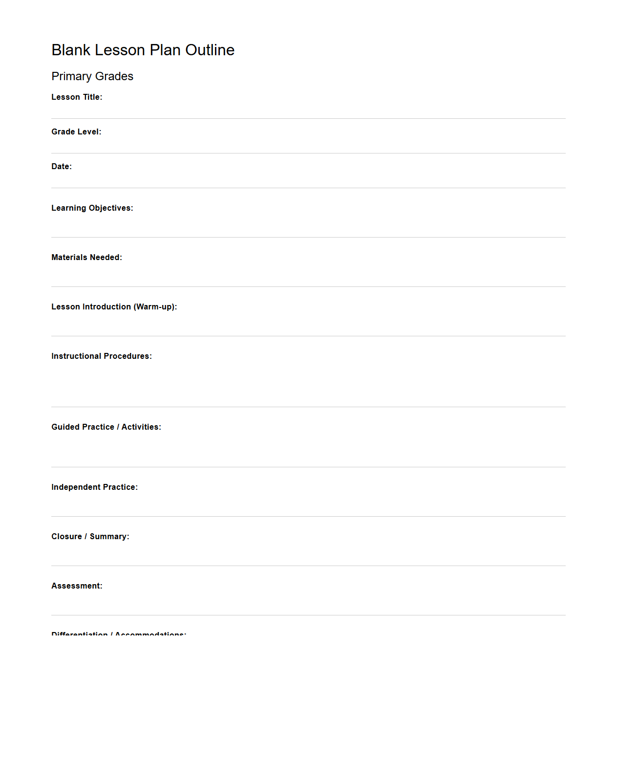Blank Lesson Plan Outline for Primary Grades