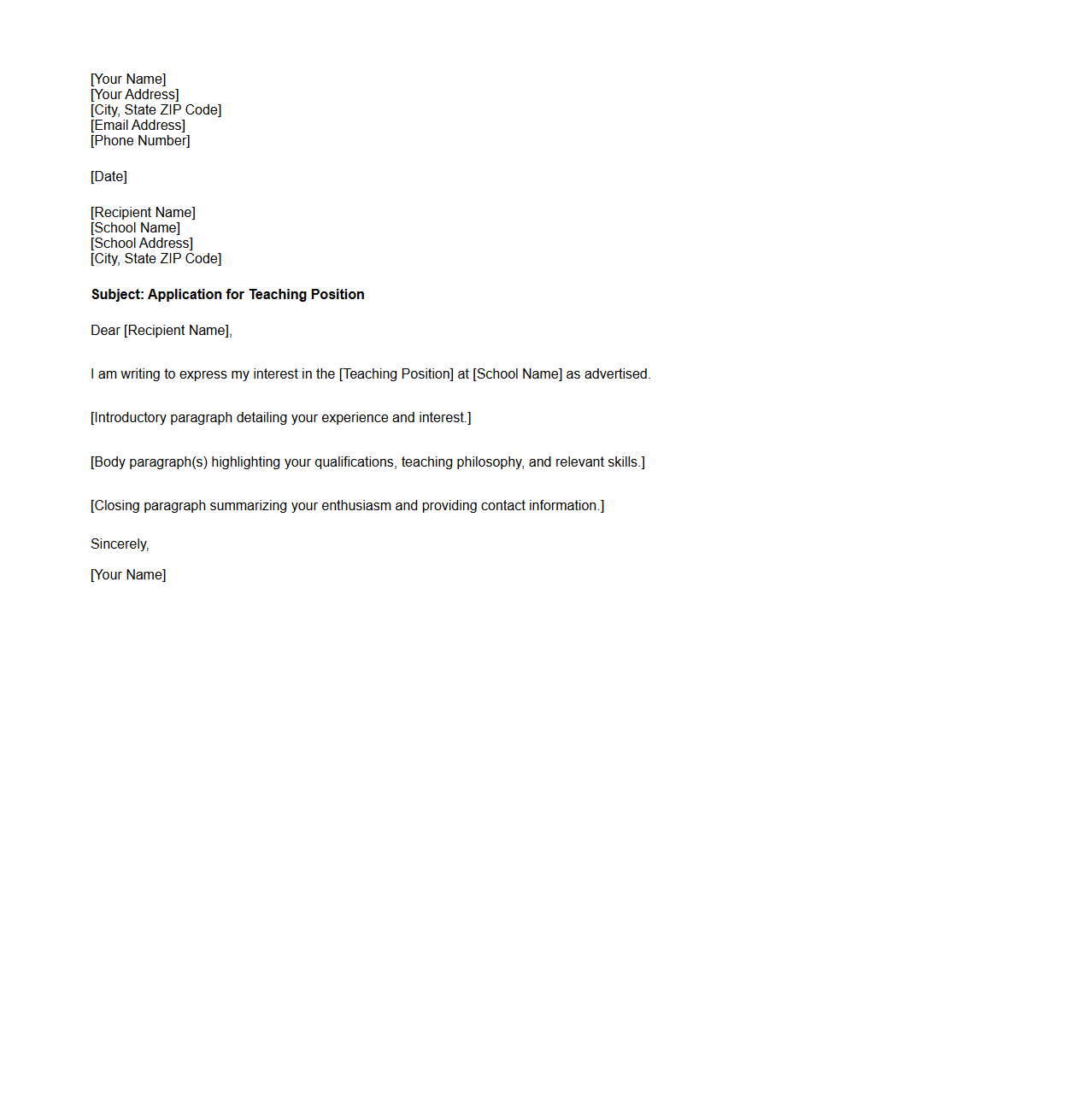 Blank Letter Template for Teaching Position Cover Letter