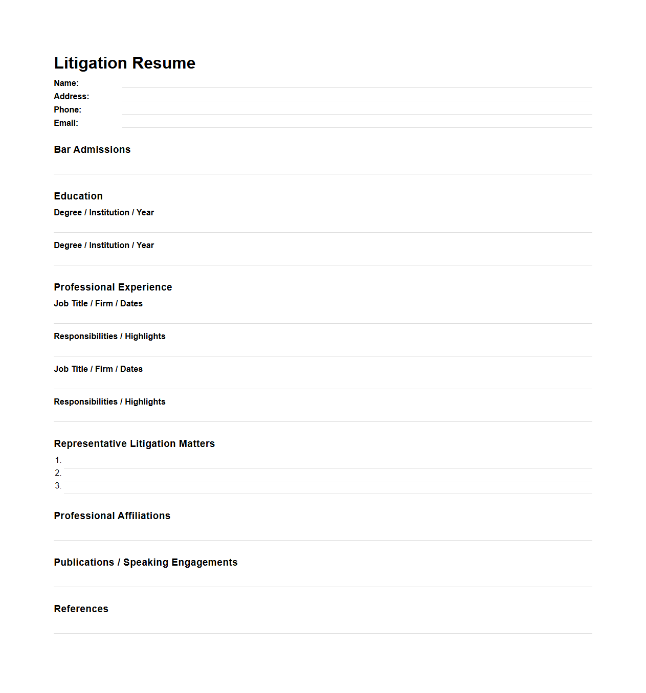 Blank Litigation Resume Format for Lawyers