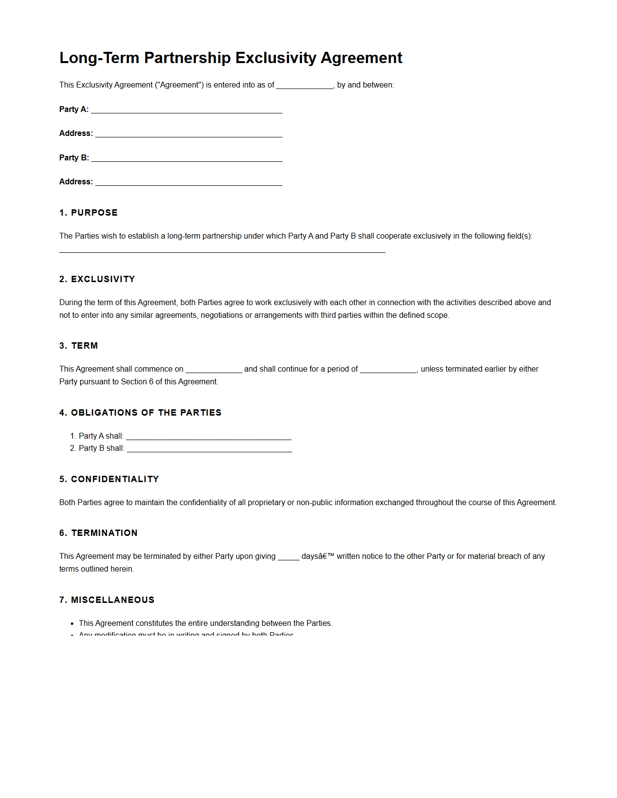 Blank Long-Term Partnership Exclusivity Template
